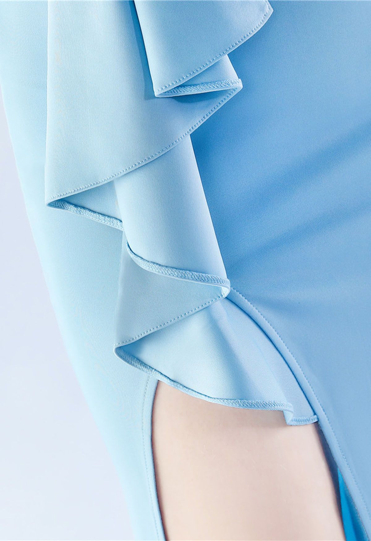 Off-Shoulder Front Slit Satin Gown in Baby Blue