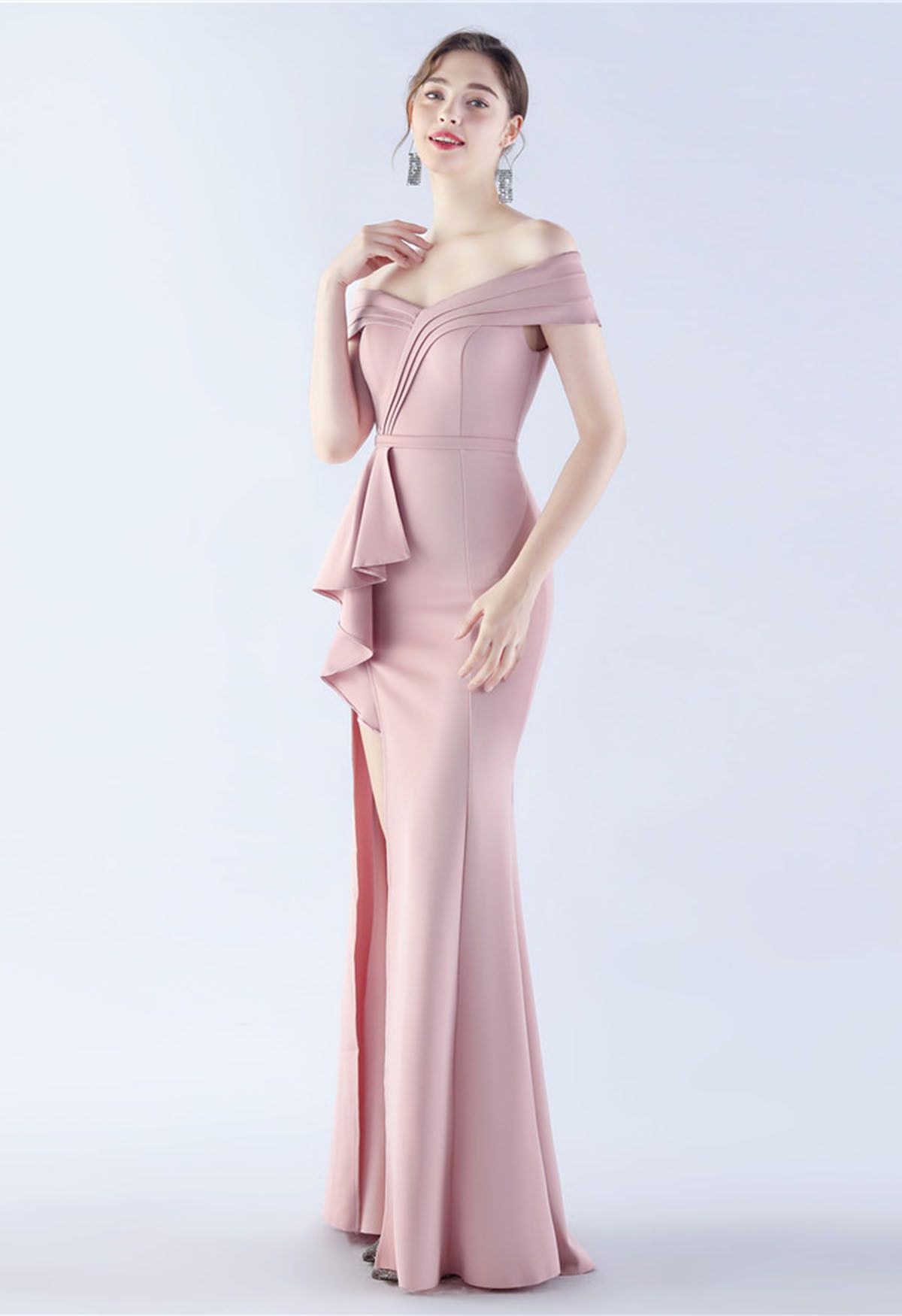 Off-Shoulder Front Slit Satin Gown in Pink