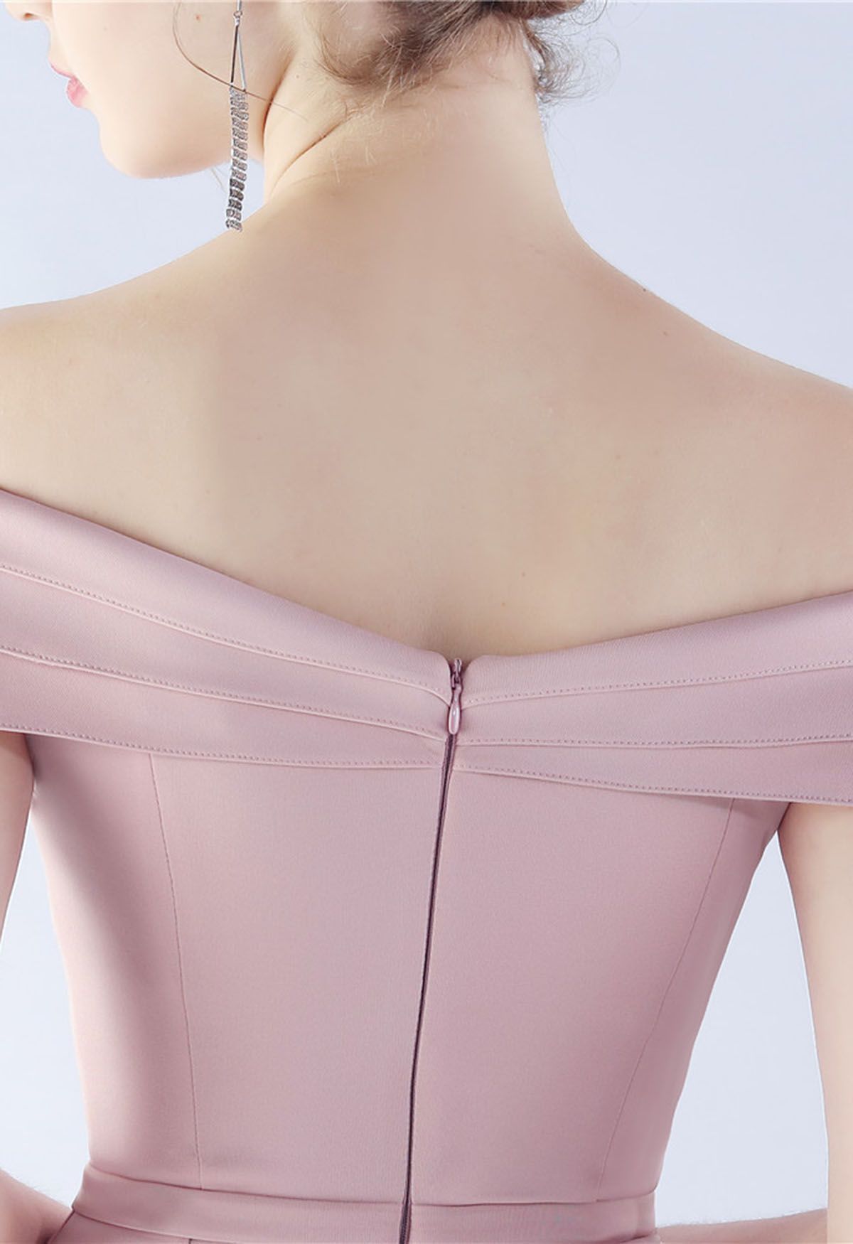 Off-Shoulder Front Slit Satin Gown in Pink