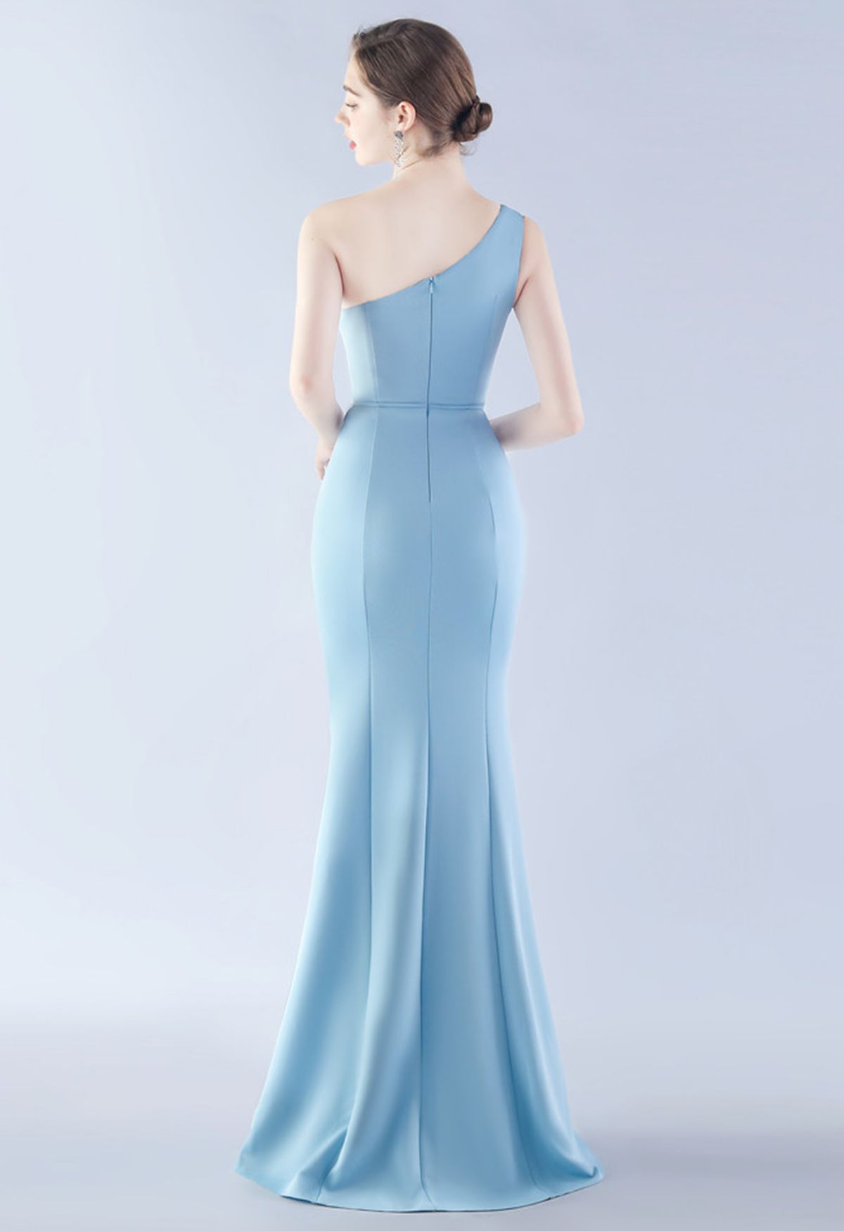 Satin Finished One-Shoulder Slit Mermaid Gown in Baby Blue