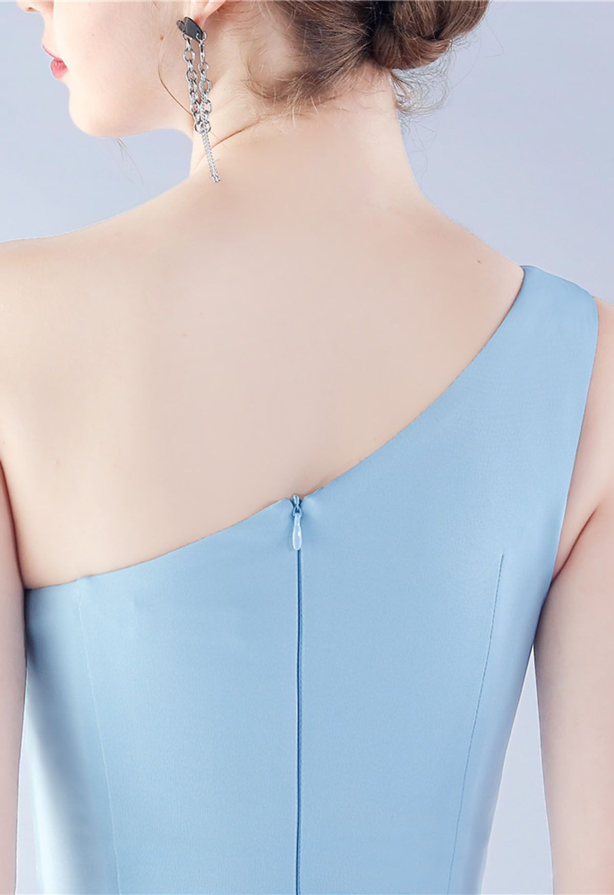 Satin Finished One-Shoulder Slit Mermaid Gown in Baby Blue