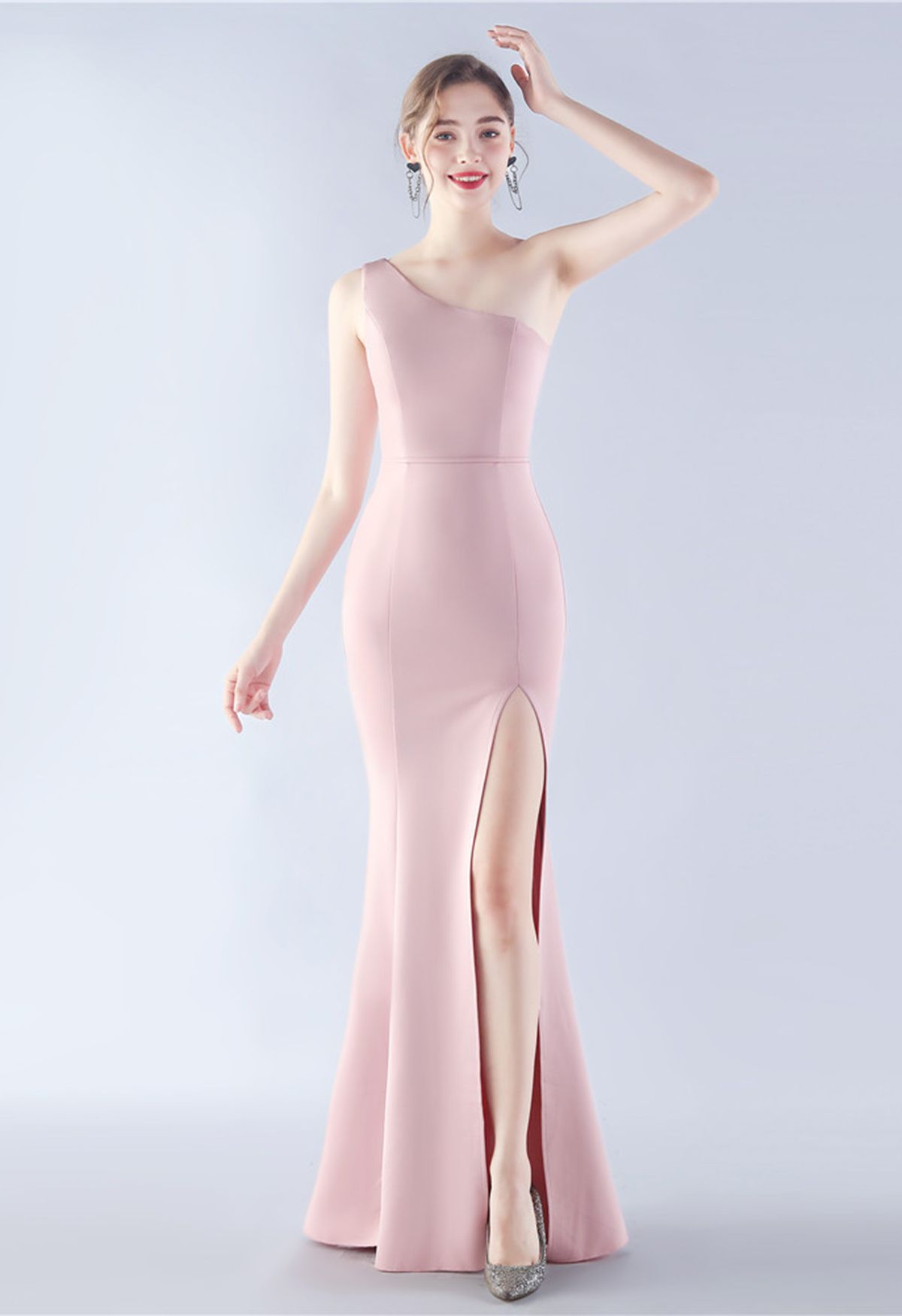Satin Finished One-Shoulder Slit Mermaid Gown in Pink