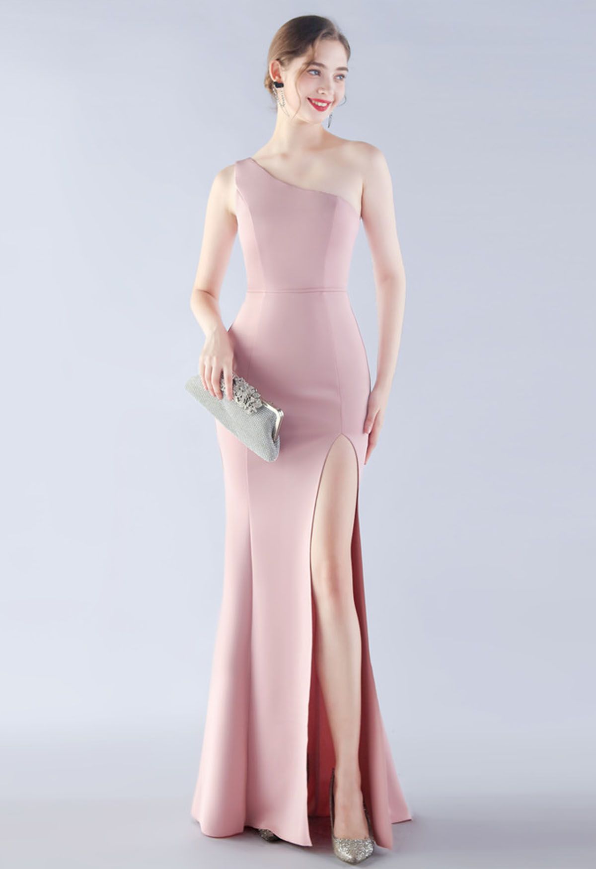 Satin Finished One-Shoulder Slit Mermaid Gown in Pink