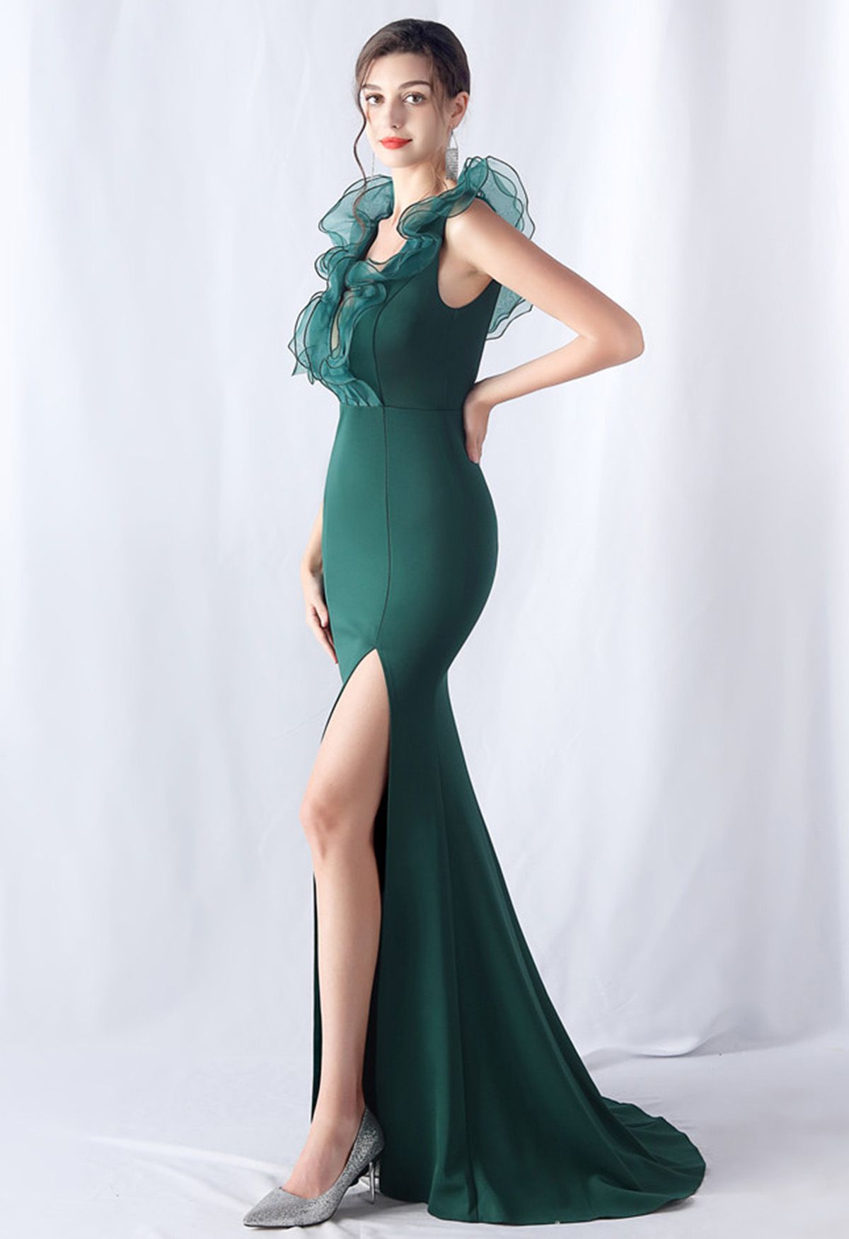 Organza Ruffle Trim Satin Slit Mermaid Gown in Dark Green