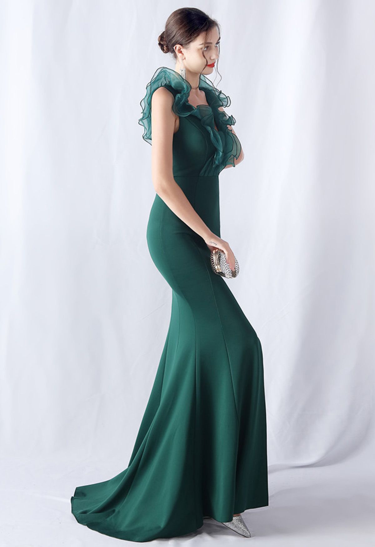 Organza Ruffle Trim Satin Slit Mermaid Gown in Dark Green