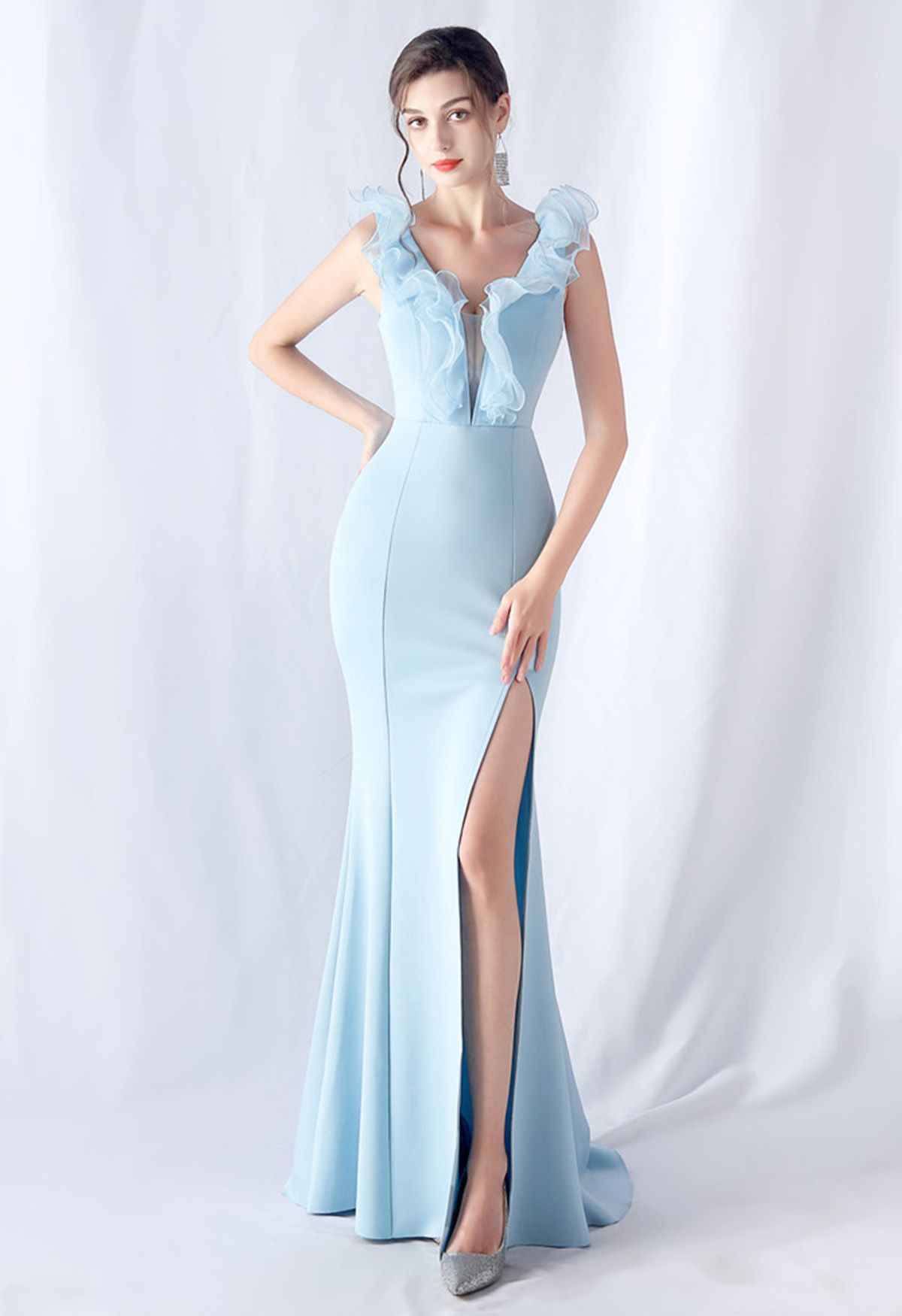Organza Ruffle Trim Satin Slit Mermaid Gown in Baby Blue