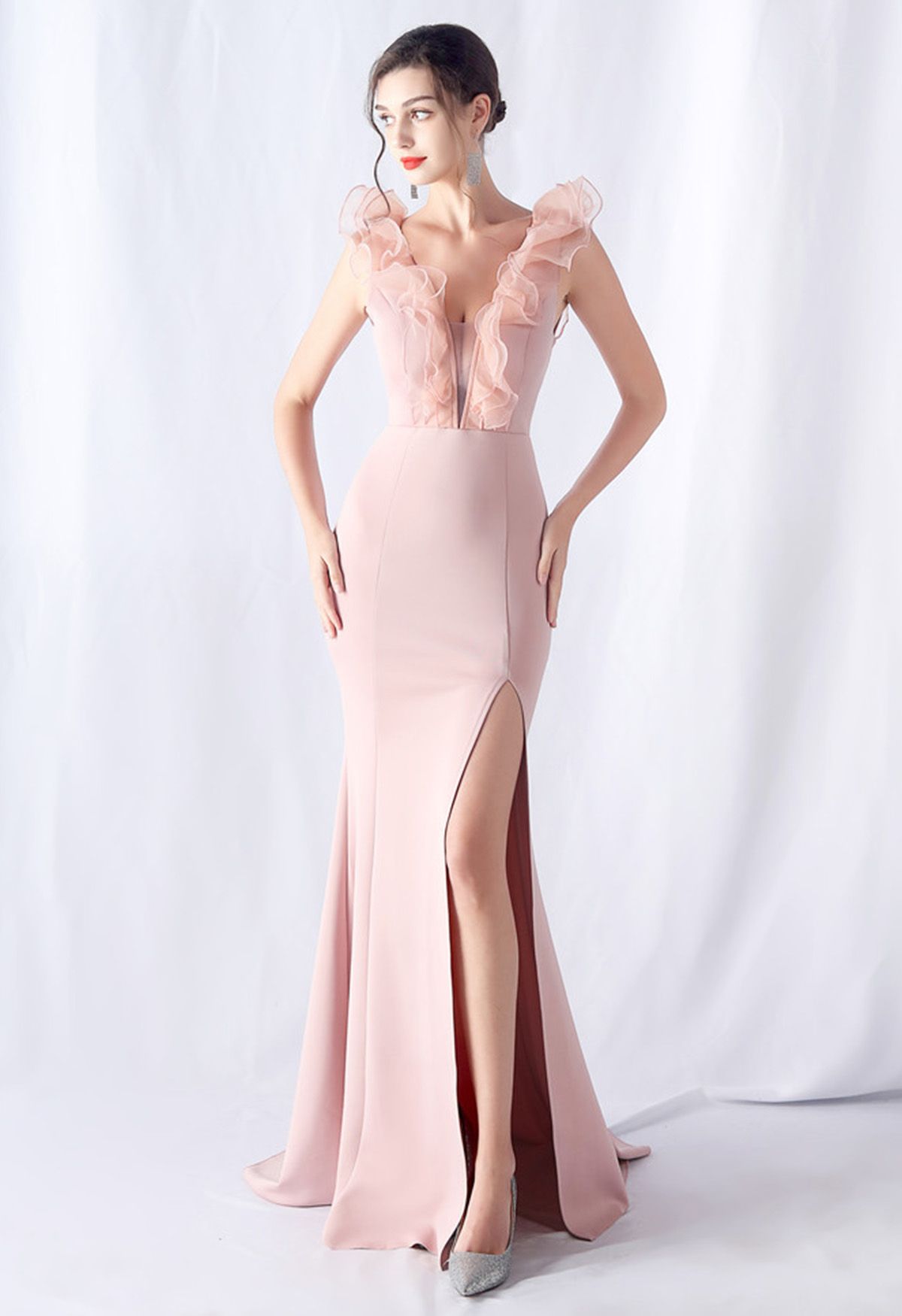 Organza Ruffle Trim Satin Slit Mermaid Gown in Pink