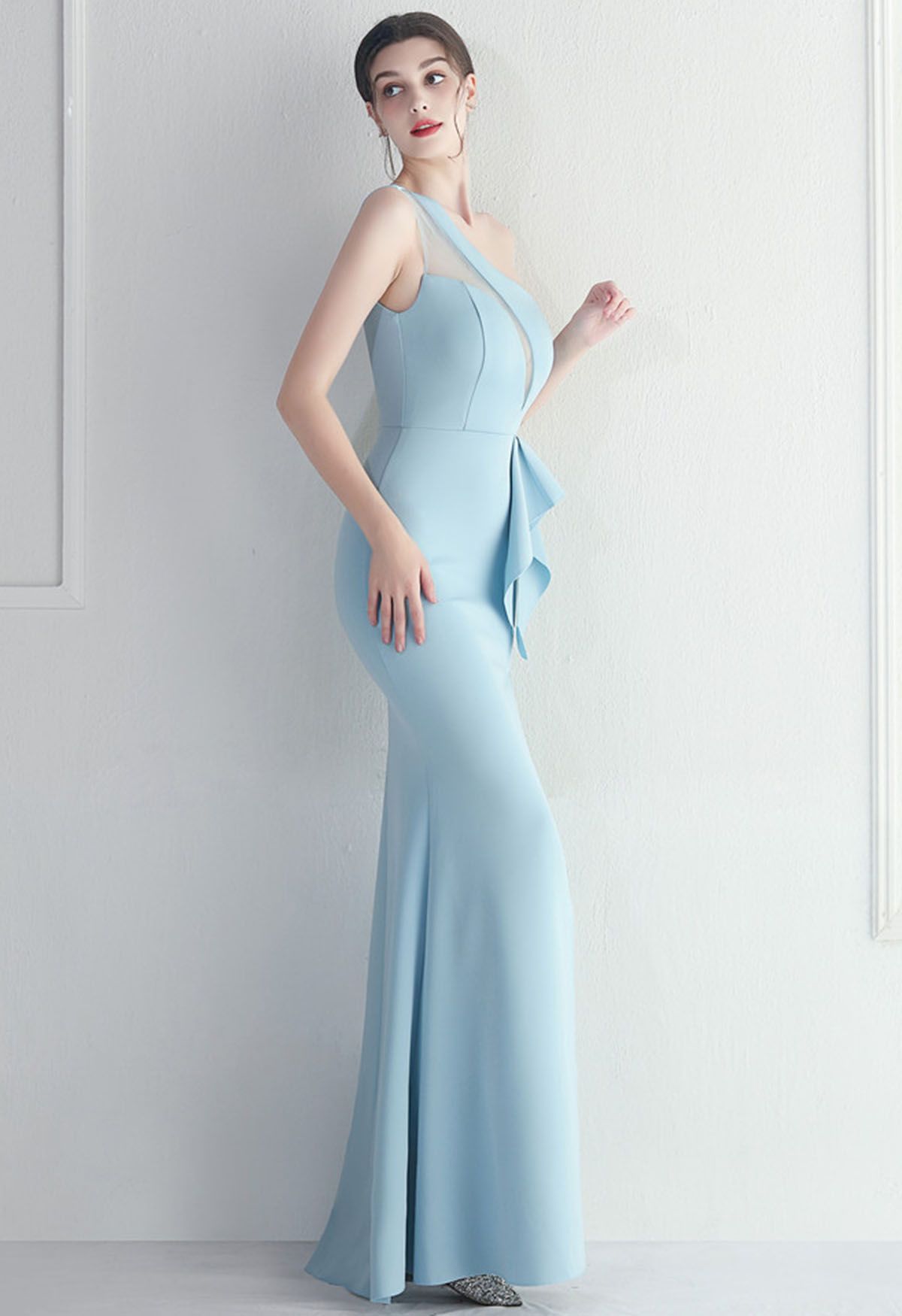 One-Shoulder Mesh Panel Ruffle Split Gown in Baby Blue