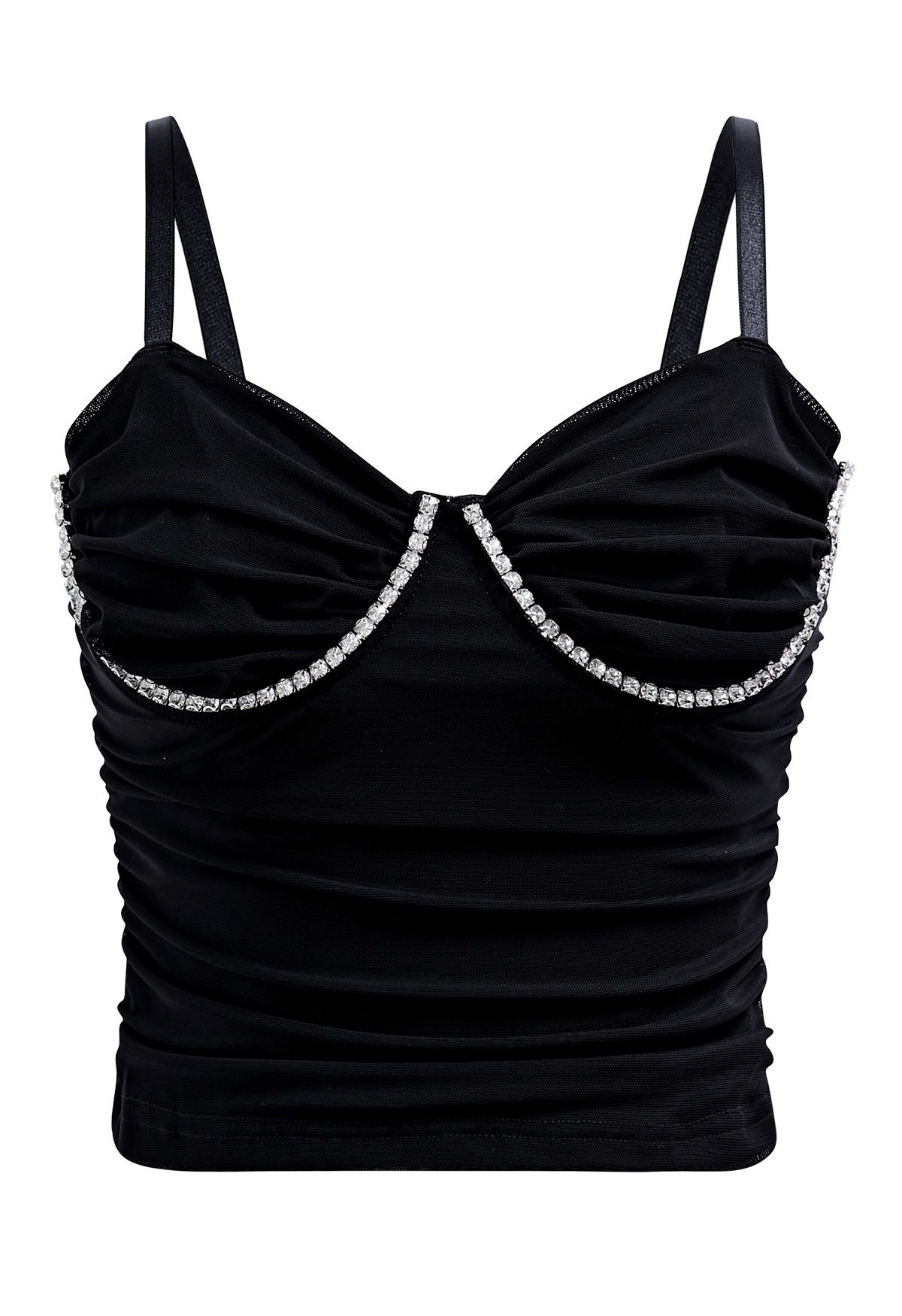 Rhinestone Embellished Ruched Mesh Bustier Top