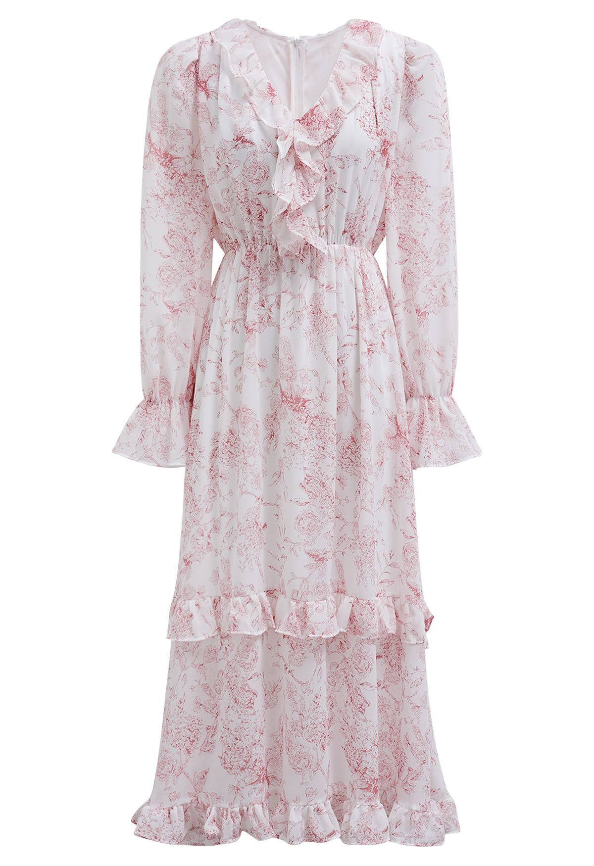 Spring Delight Ruffle Trimmed Chiffon Midi Dress in Pink