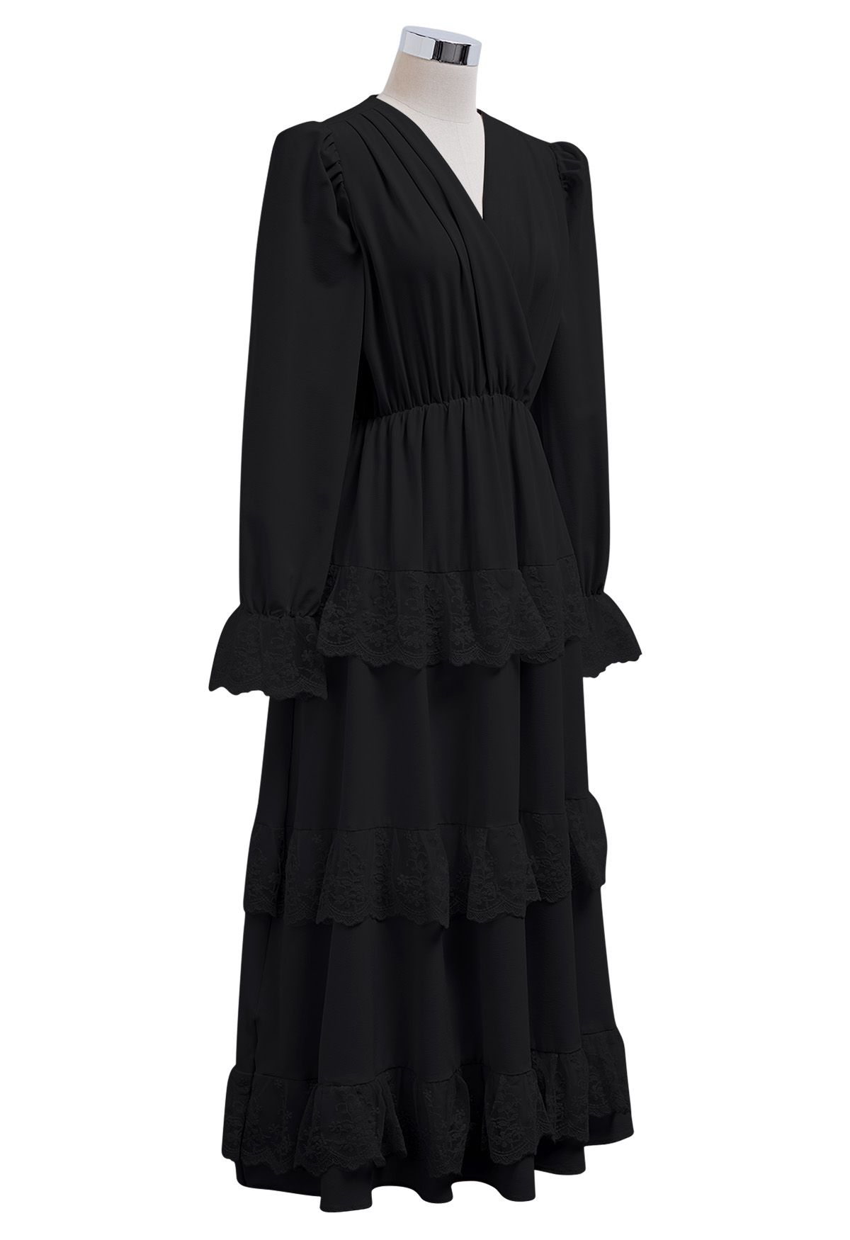 Lace Tiered Wrap Chiffon Midi Dress in Black
