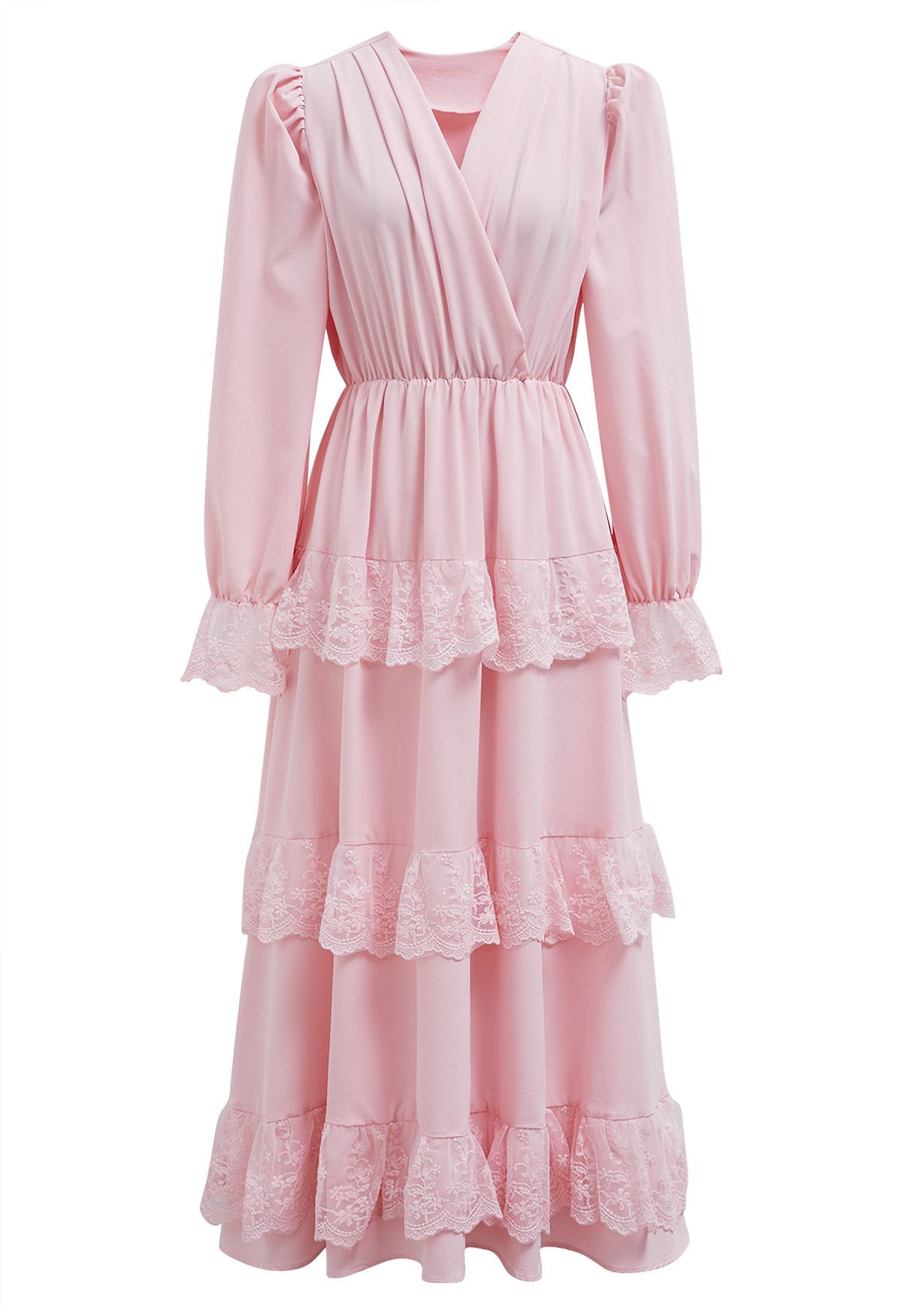 Lace Tiered Wrap Chiffon Midi Dress in Pink