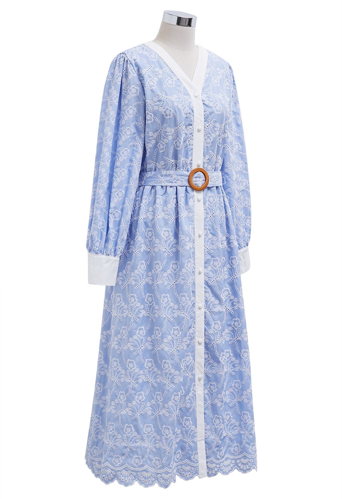 Dancing Floret Embroidered Button Down Dress in Baby Blue