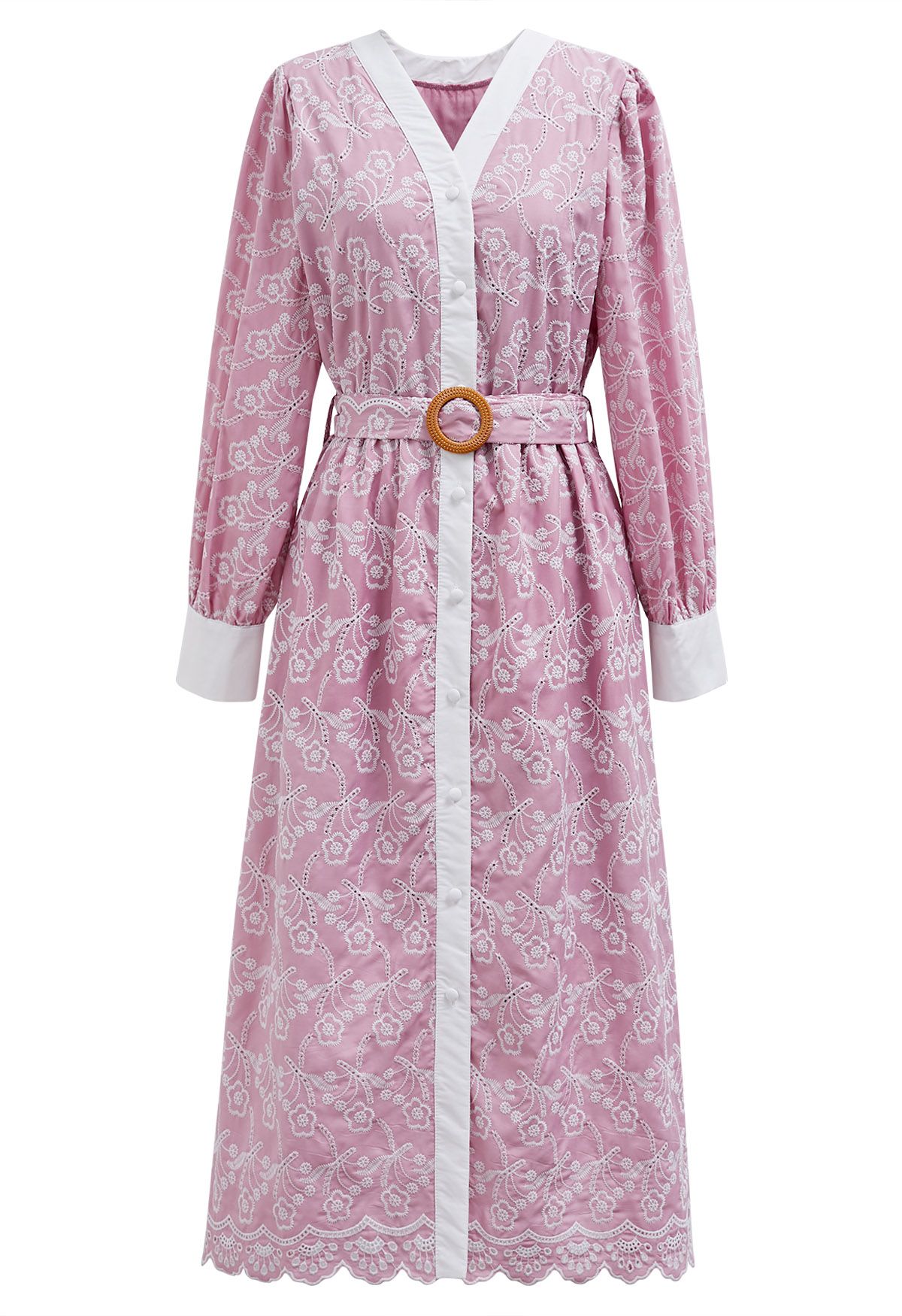 Dancing Floret Embroidered Button Down Dress in Pink