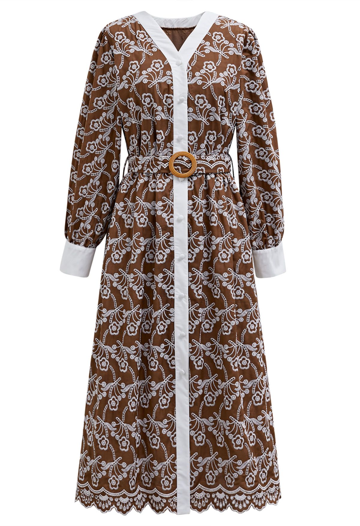 Dancing Floret Embroidered Button Down Dress in Brown