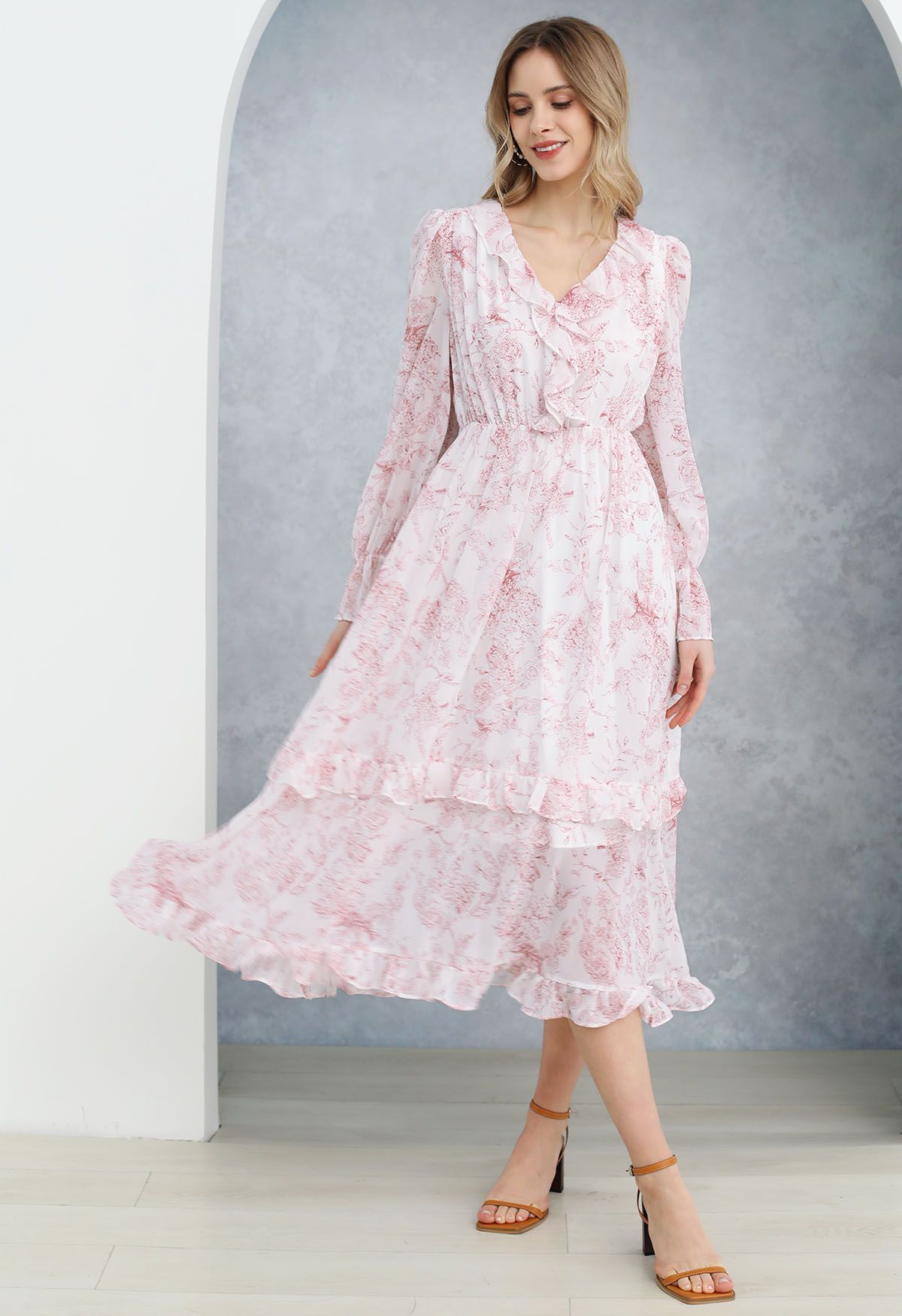 Spring Delight Ruffle Trimmed Chiffon Midi Dress in Pink