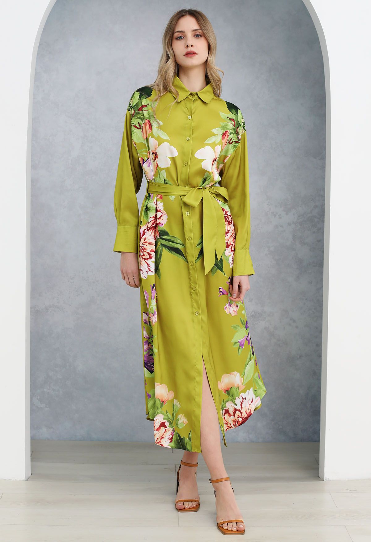 Enchanting Blossom Printed Shirt Dress in Lime