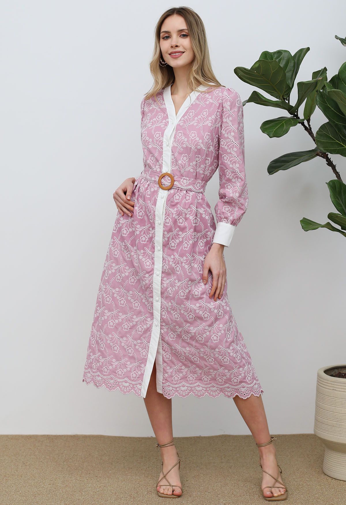 Dancing Floret Embroidered Button Down Dress in Pink