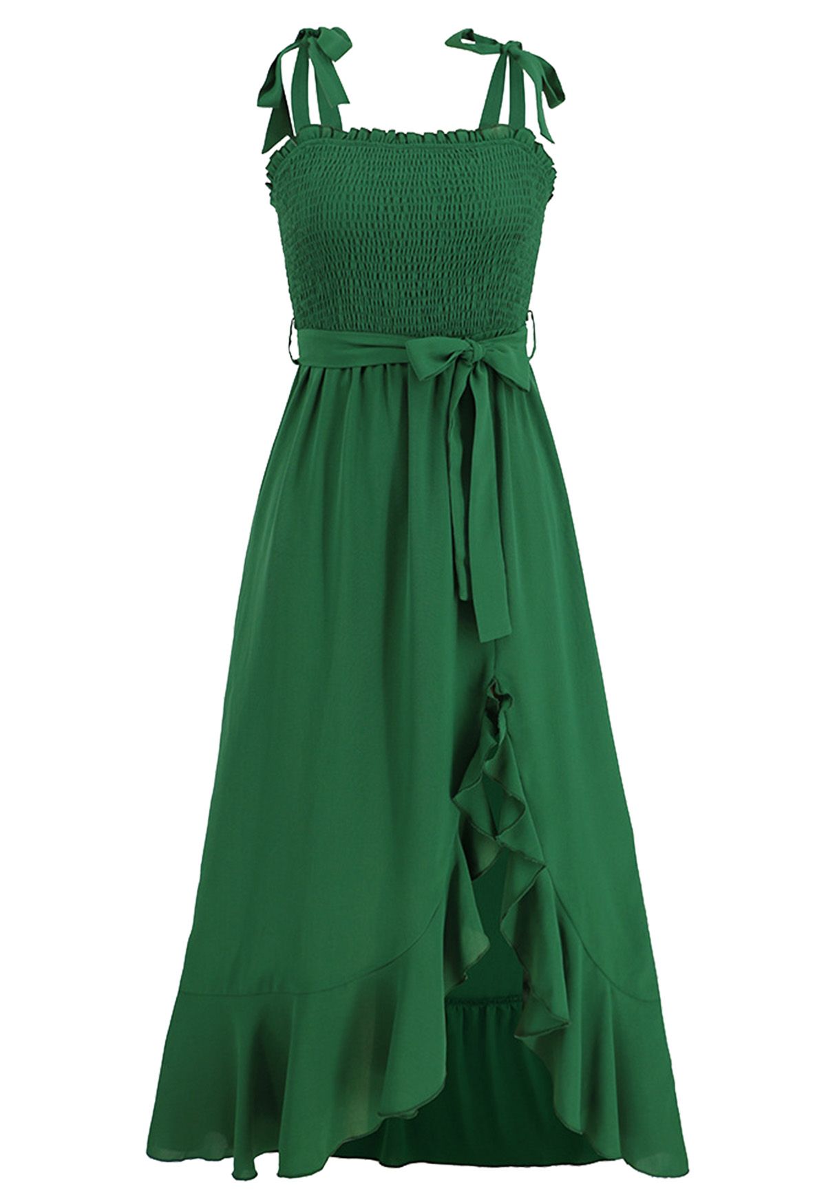 Irregular Ruffle Hem Tie-Strap Midi Dress in Green