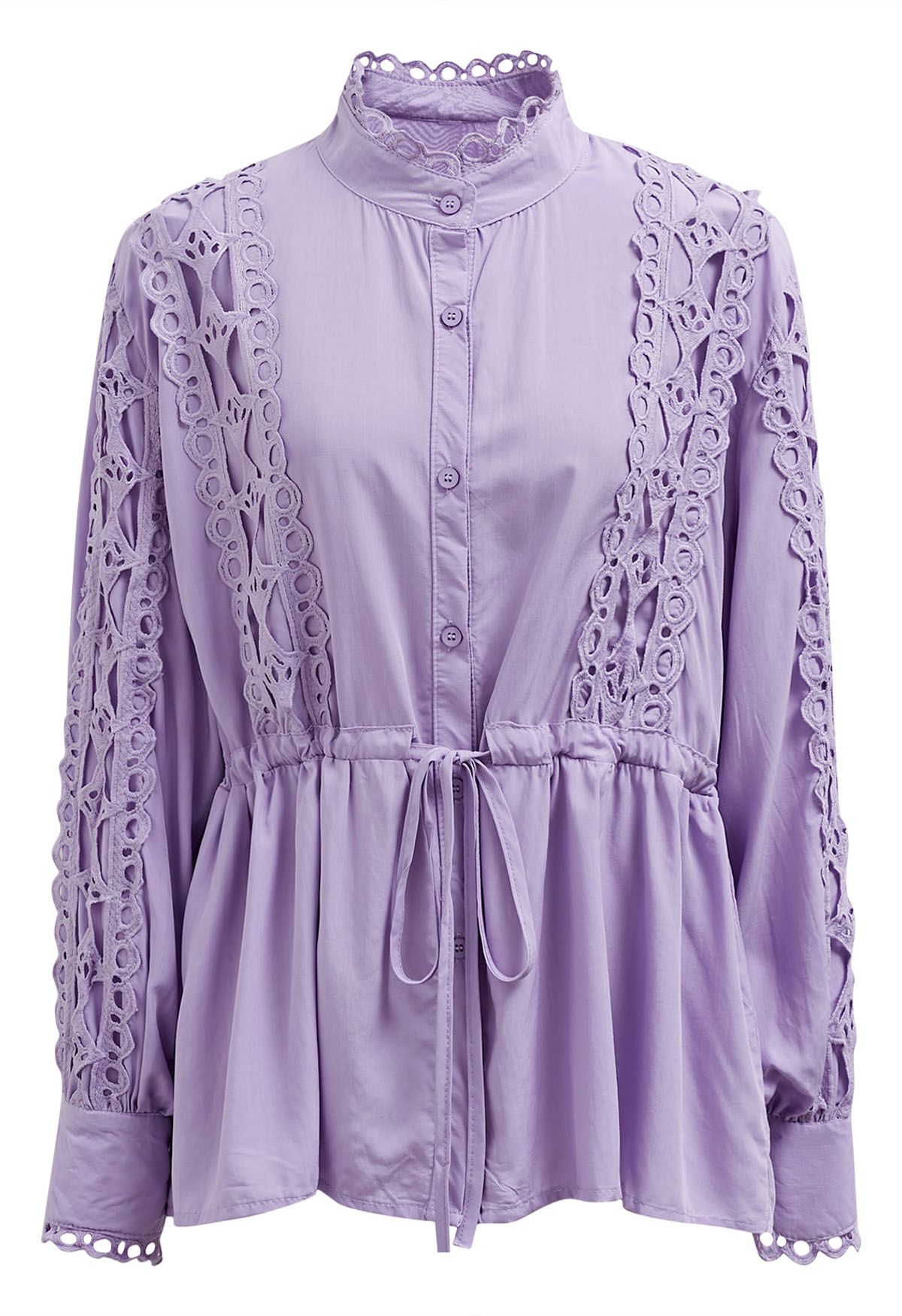 Cutwork Crochet Trim Button Down Peplum Top in Lilac