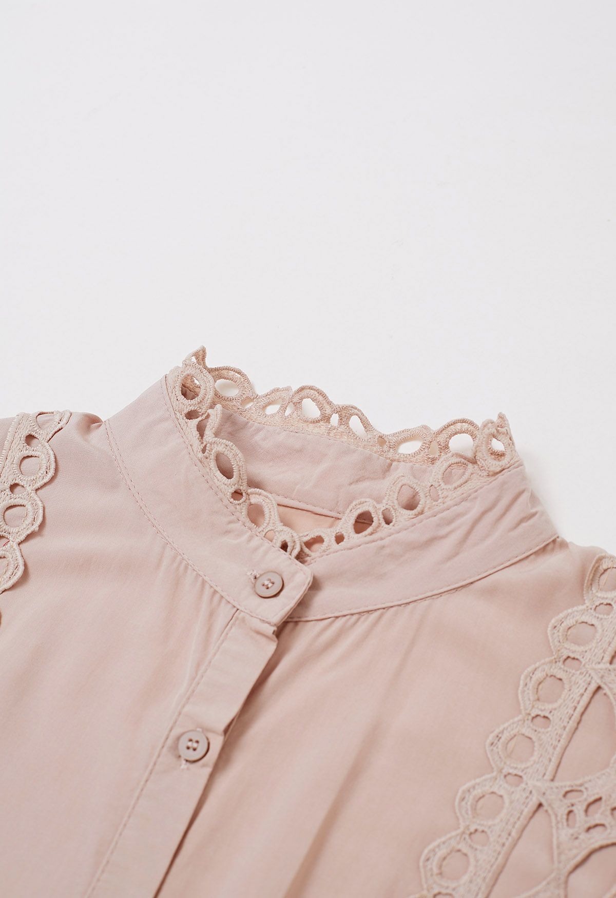 Cutwork Crochet Trim Button Down Peplum Top in Dusty Pink