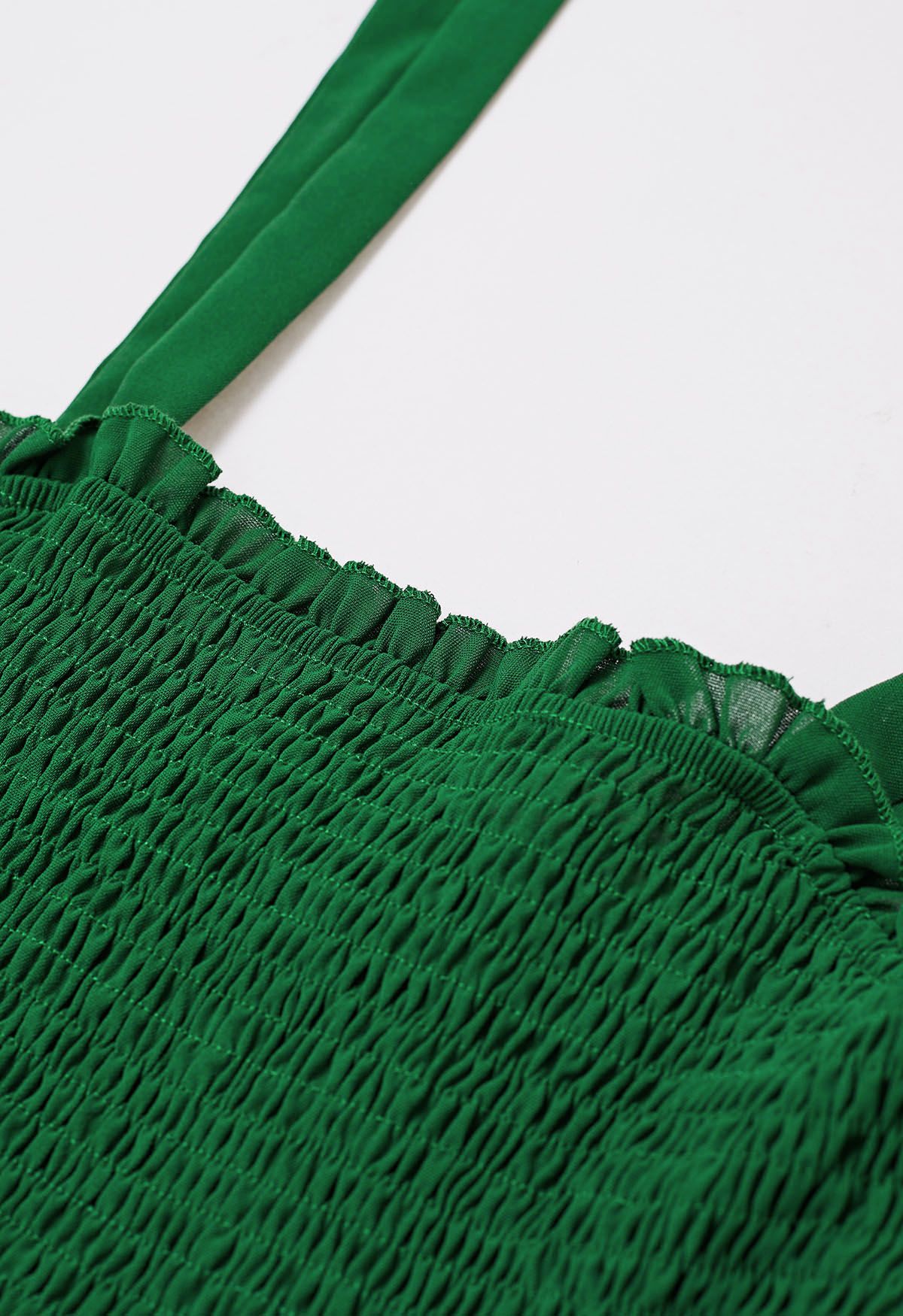 Irregular Ruffle Hem Tie-Strap Midi Dress in Green