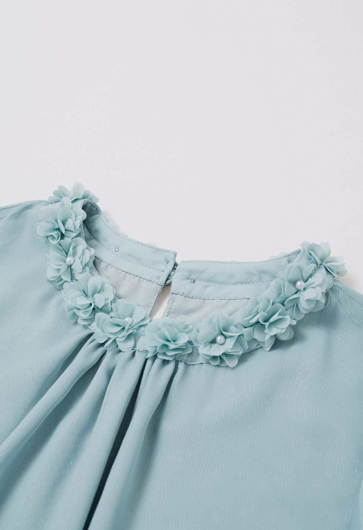 3D Petal Neckline Semi-Sheer Top in Blue