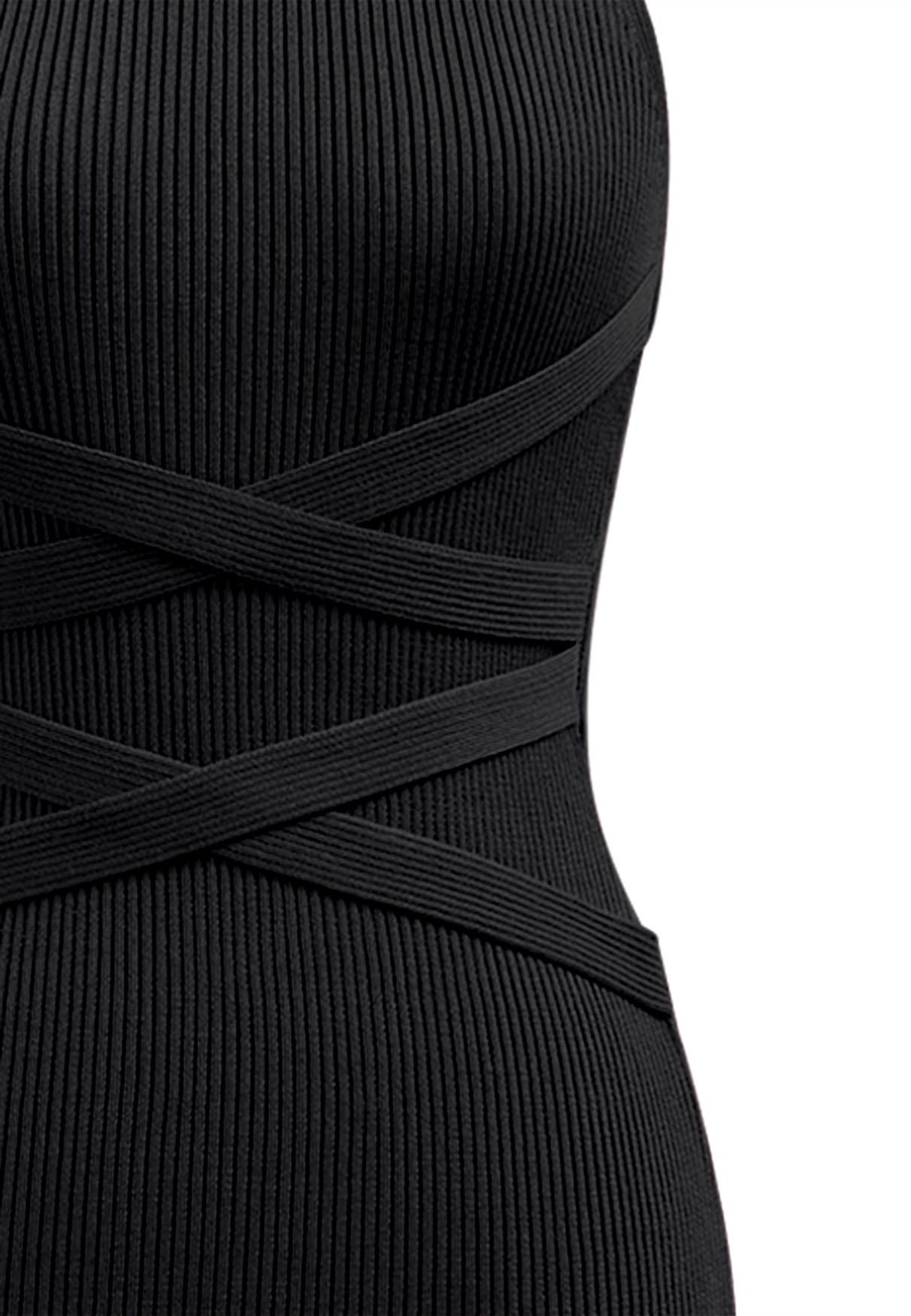 Criss Cross Waist Halter Knit Dress in Black