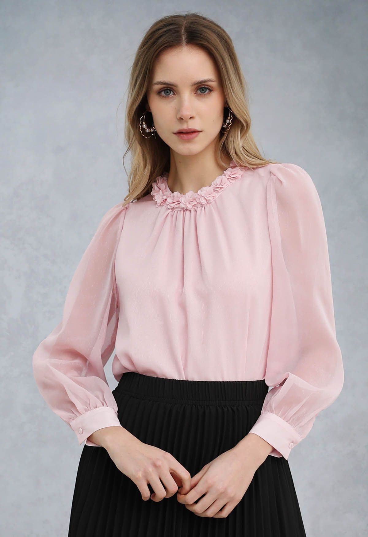 3D Petal Neckline Semi-Sheer Top in Pink