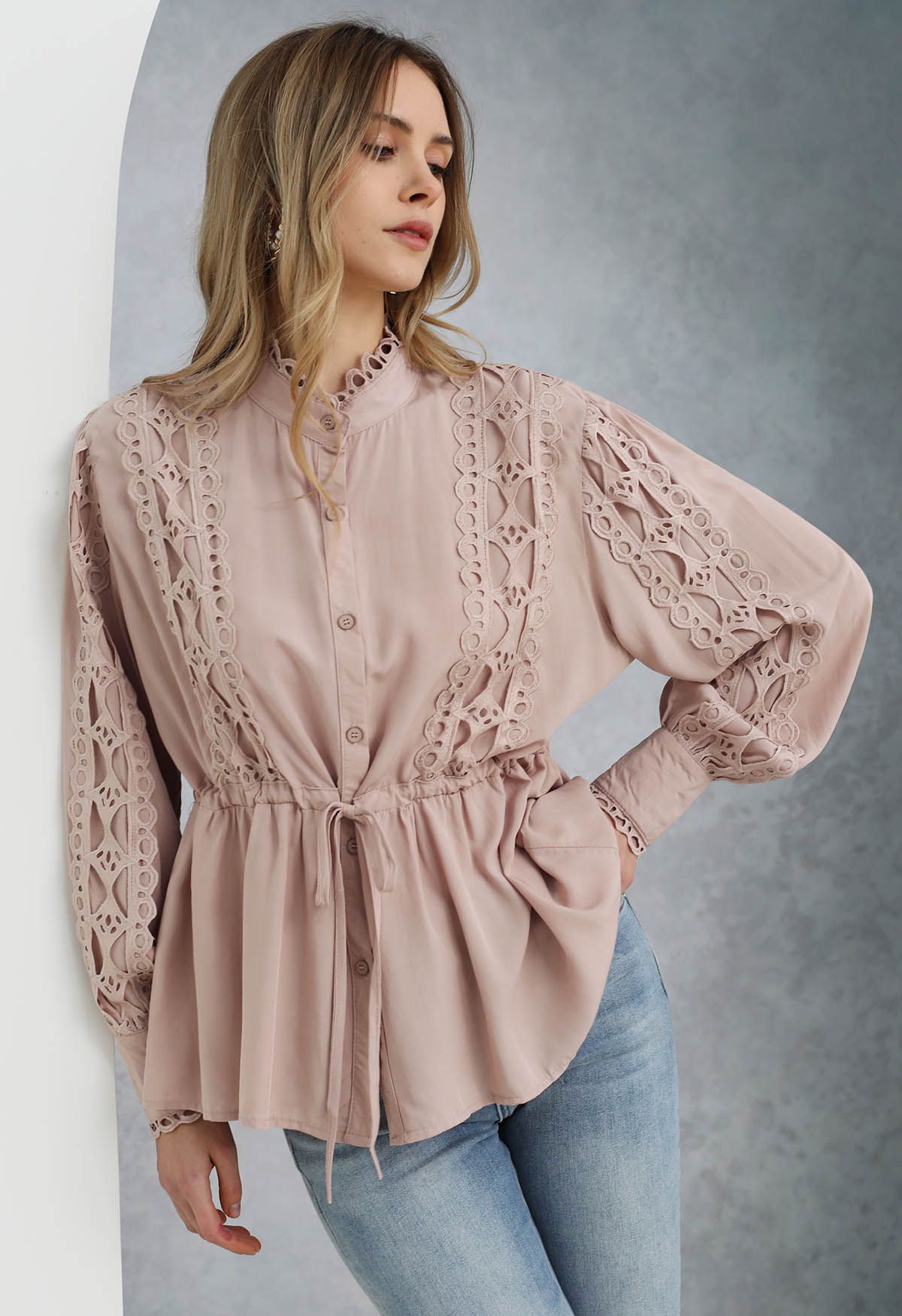 Cutwork Crochet Trim Button Down Peplum Top in Dusty Pink