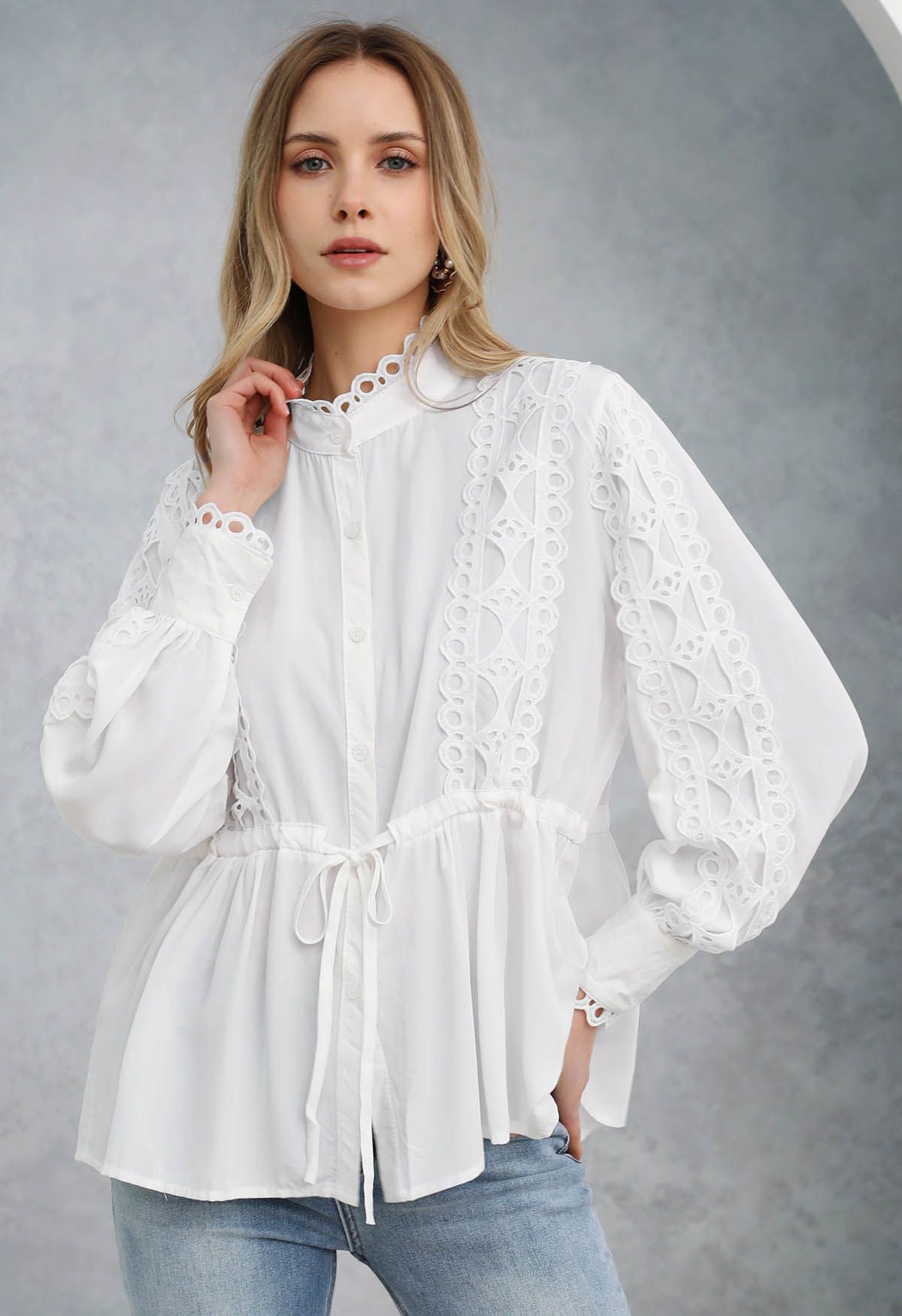 Cutwork Crochet Trim Button Down Peplum Top in White