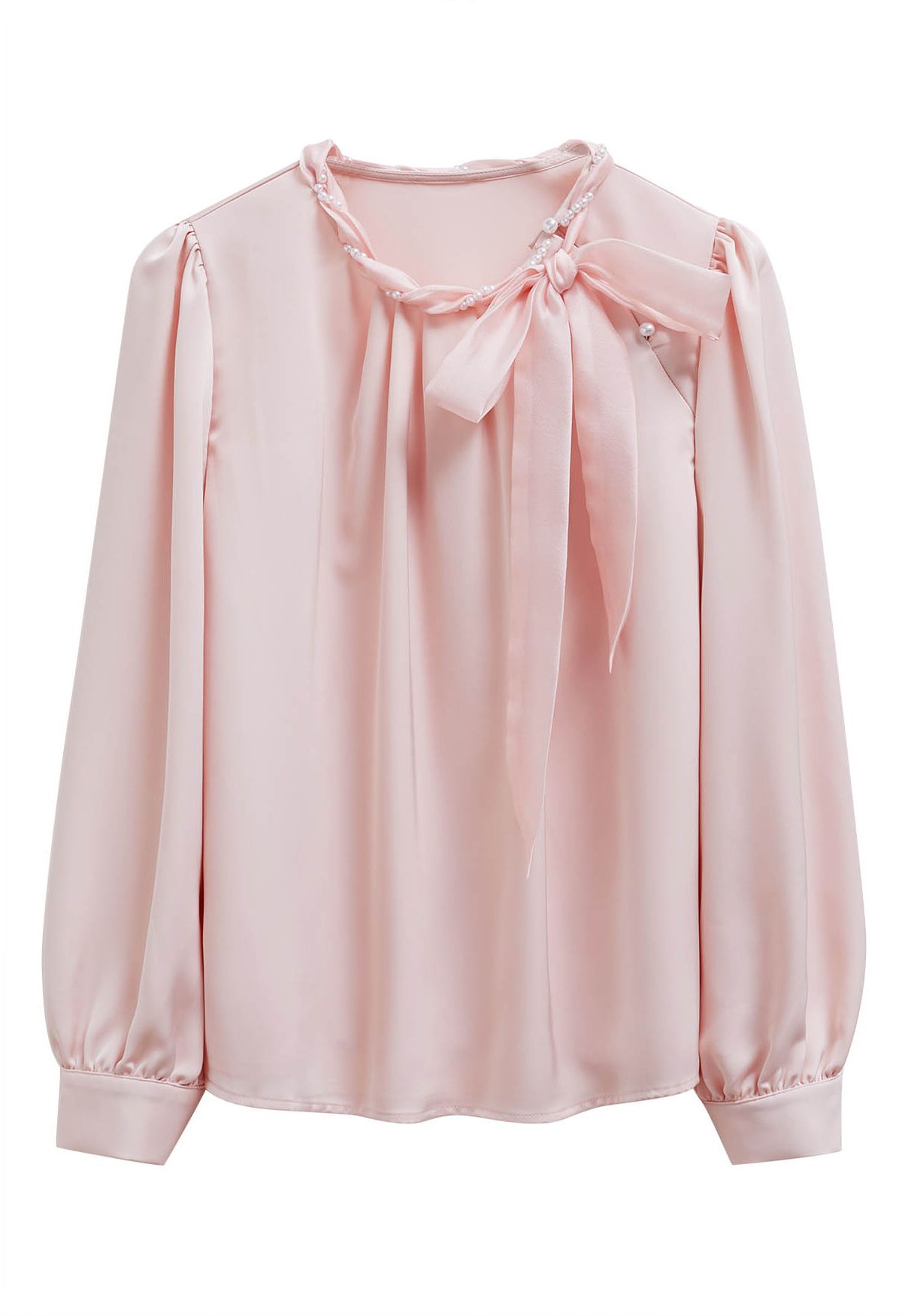 Pearly Neckline Side Bowknot Satin Top in Pink