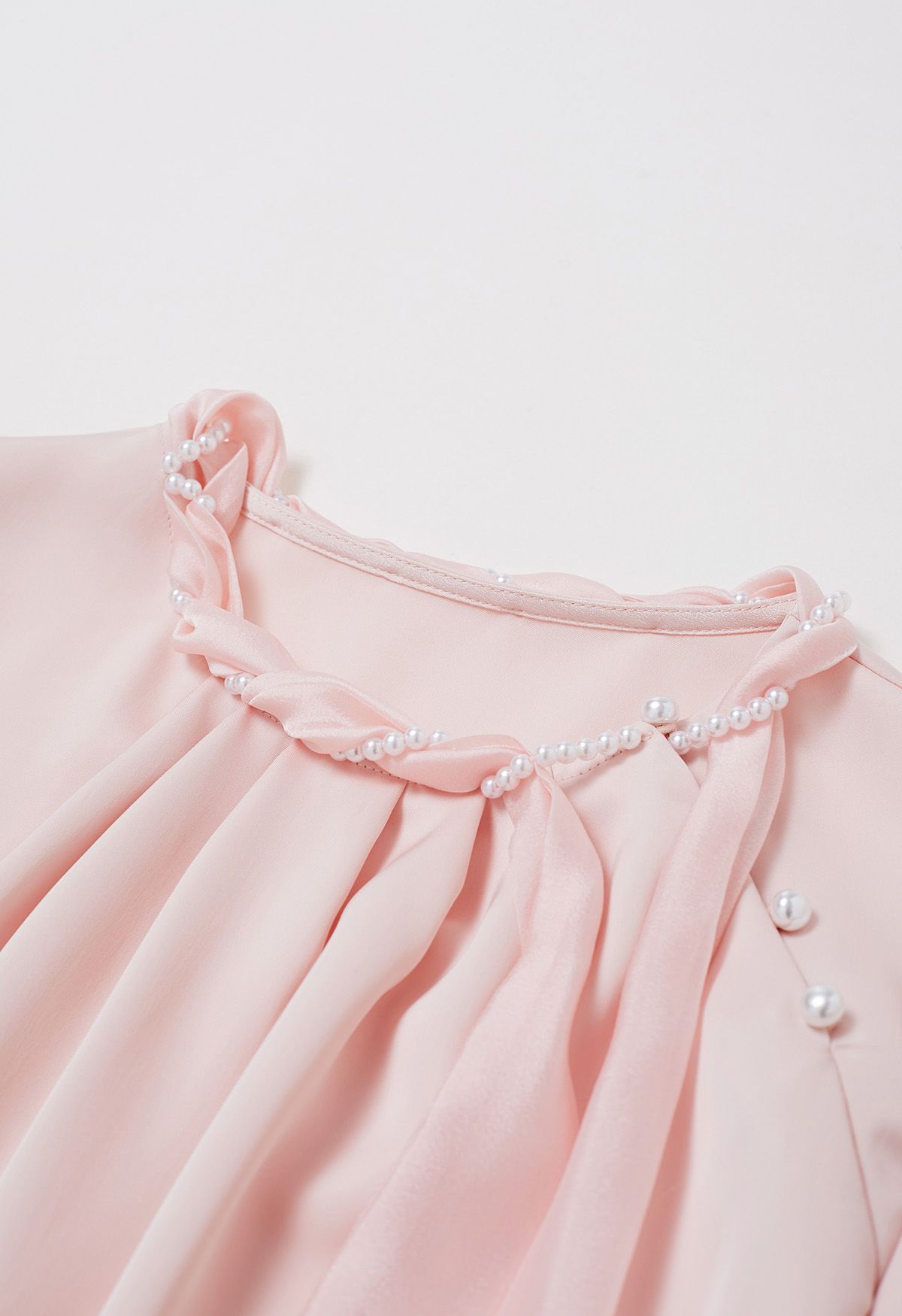 Pearly Neckline Side Bowknot Satin Top in Pink