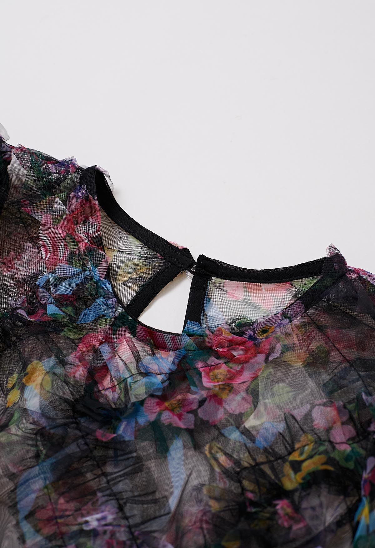 Fairy Dream Floral Ruffle Mesh Top in Black