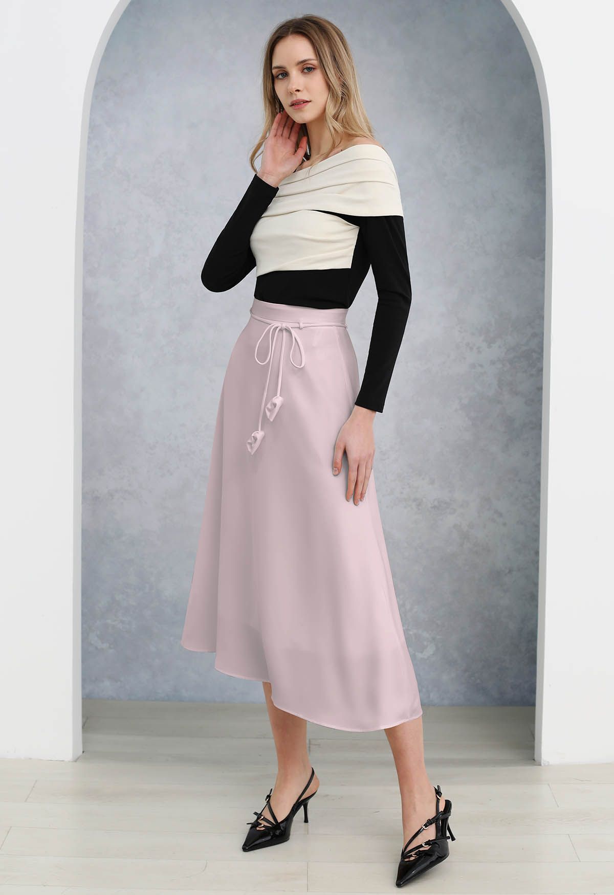 Glam Tie-Waist Midi Skirt in Pink