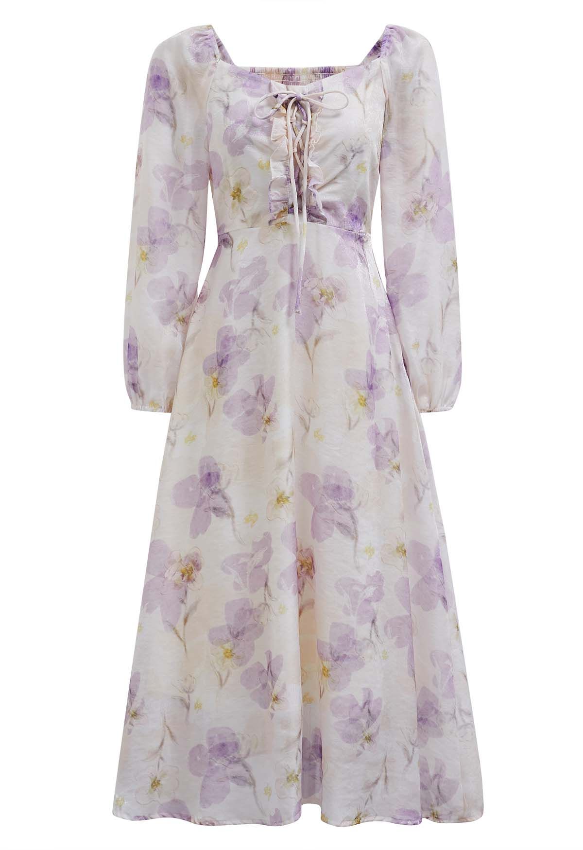 Step into Spring Floral Chiffon Midi Dress in Lilac