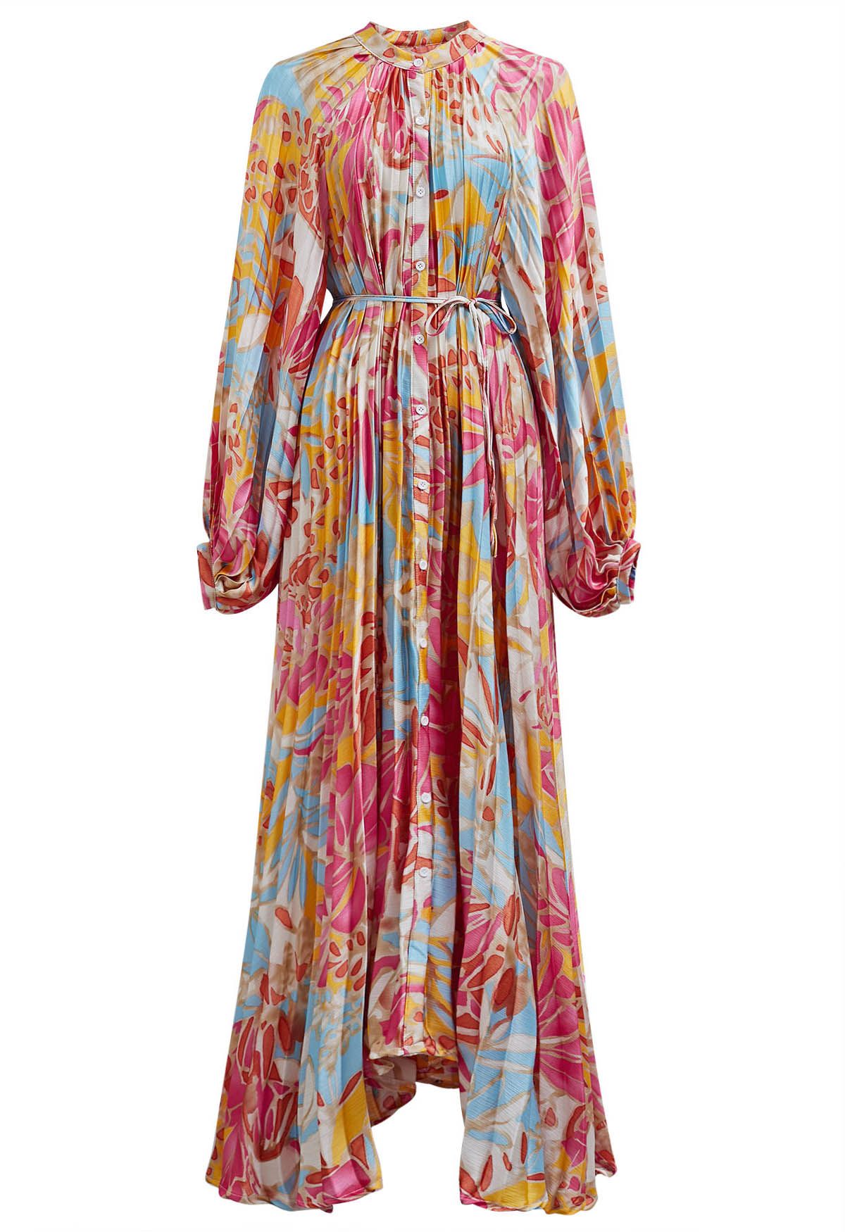 Coral Tropical Printed Full Pleats Button Down Asymmetric Maxi Dress