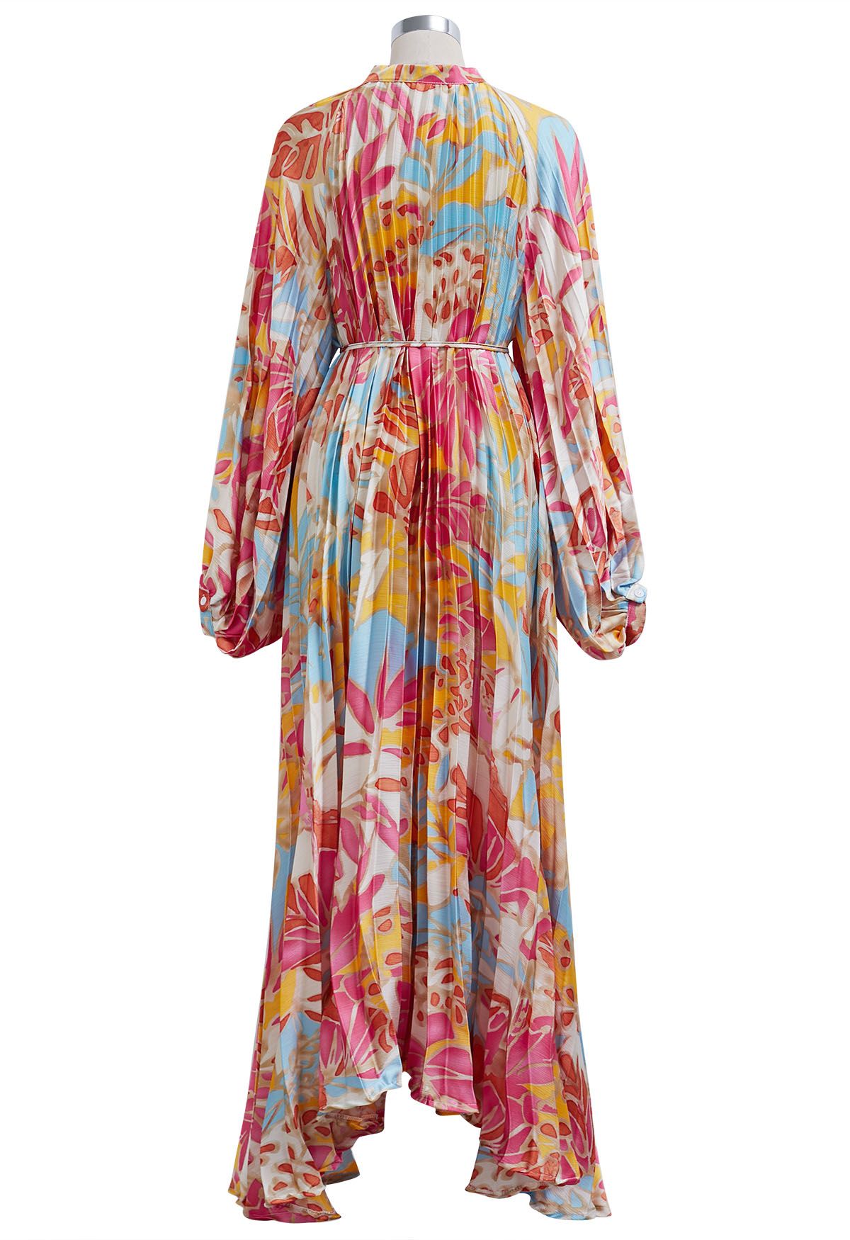 Coral Tropical Printed Full Pleats Button Down Asymmetric Maxi Dress