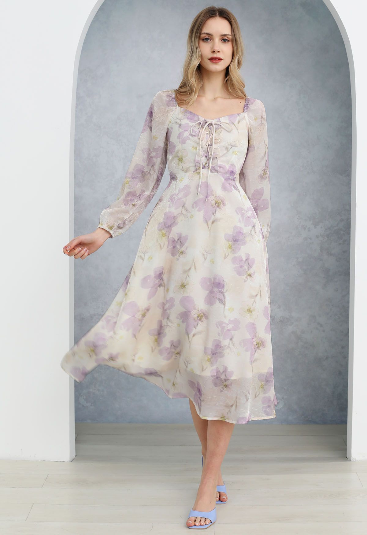 Step into Spring Floral Chiffon Midi Dress in Lilac