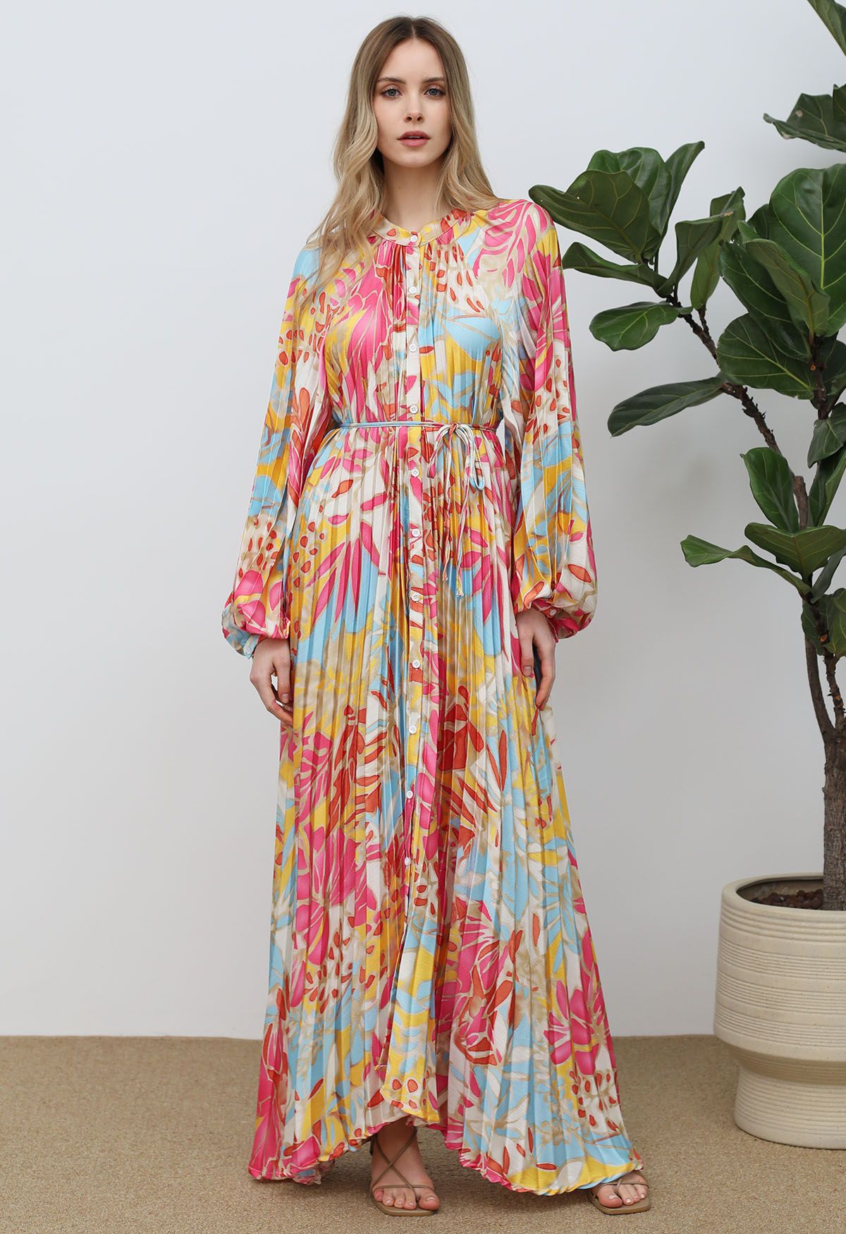 Coral Tropical Printed Full Pleats Button Down Asymmetric Maxi Dress