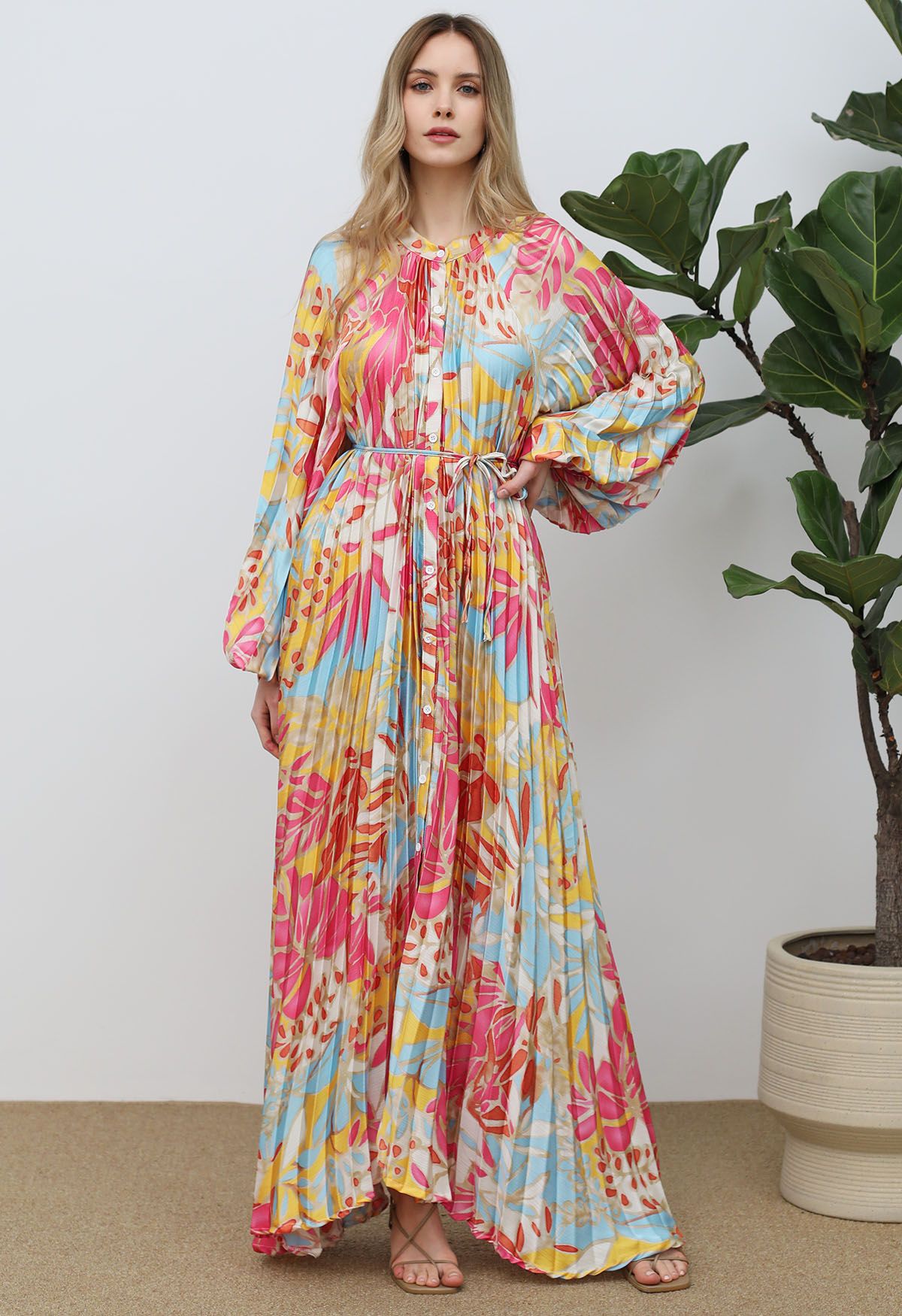 Coral Tropical Printed Full Pleats Button Down Asymmetric Maxi Dress