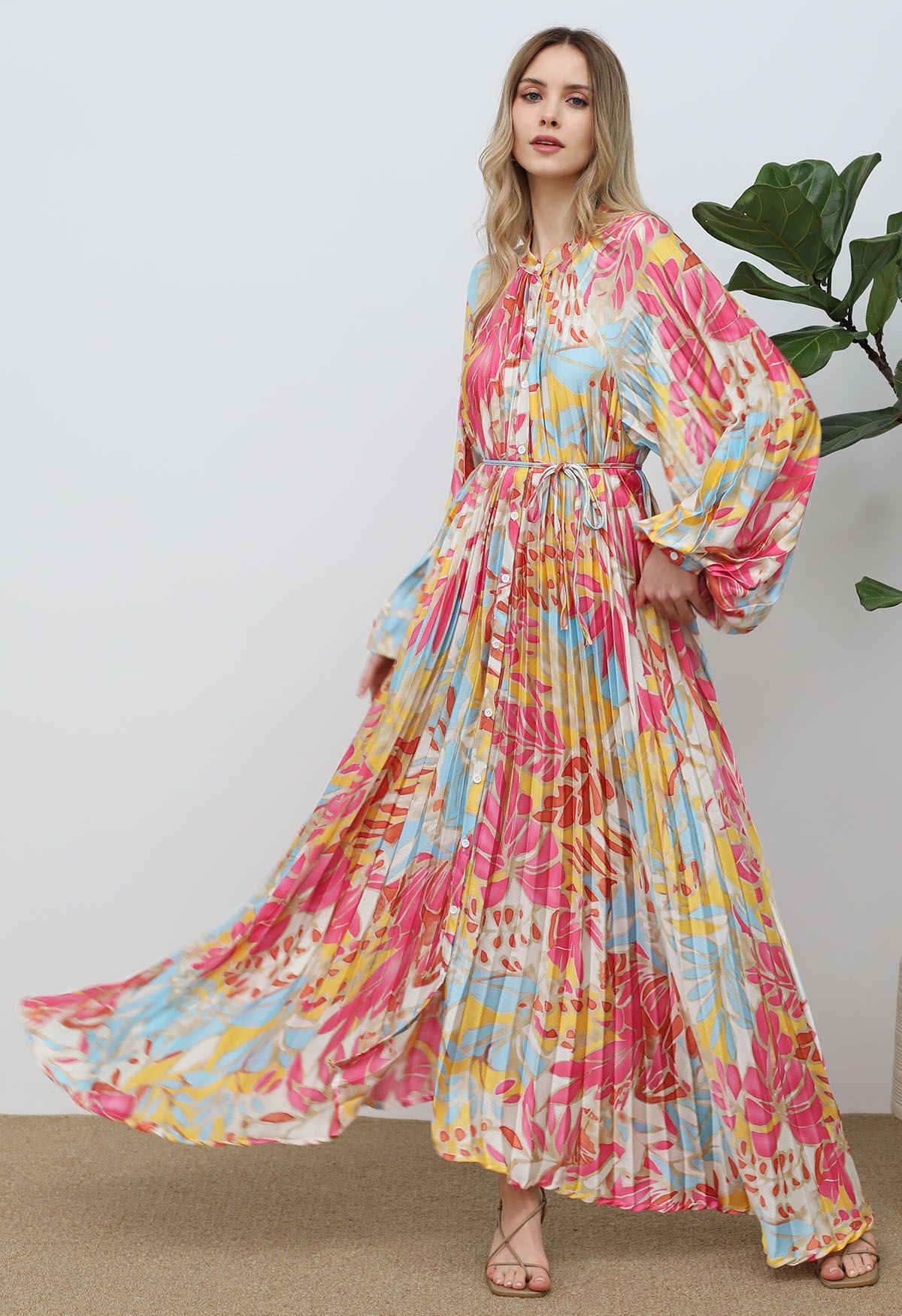 Coral Tropical Printed Full Pleats Button Down Asymmetric Maxi Dress