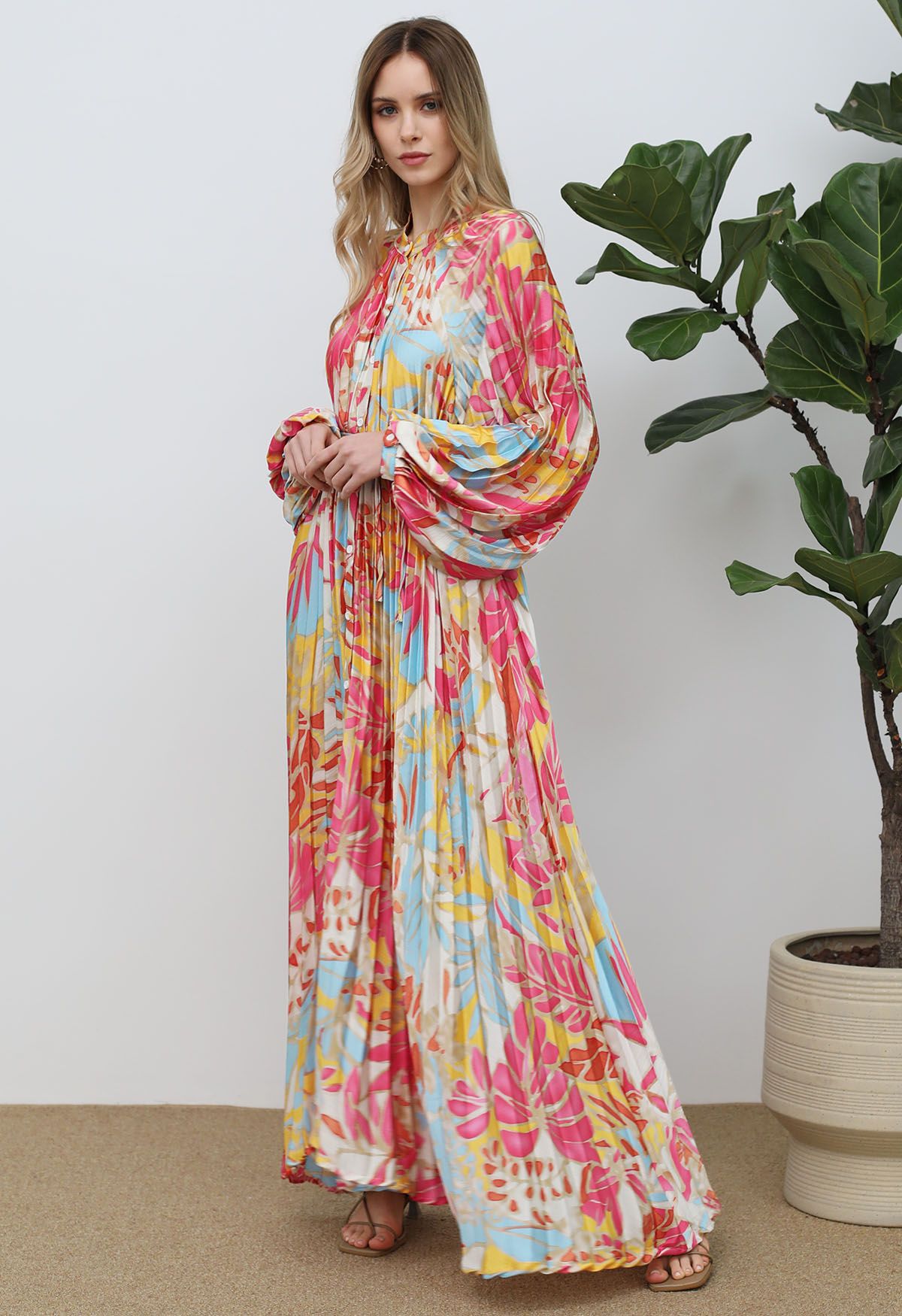 Coral Tropical Printed Full Pleats Button Down Asymmetric Maxi Dress