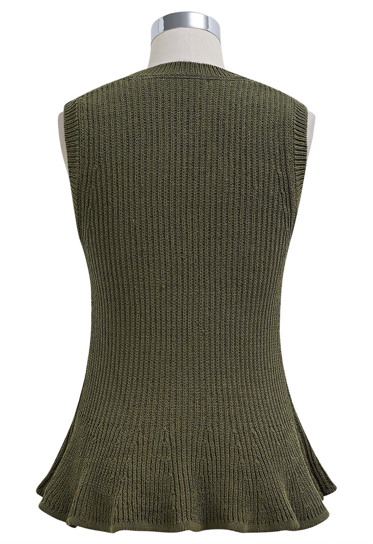 Scoop Neck Ruffle Hem Sleeveless Knit Top in Olive