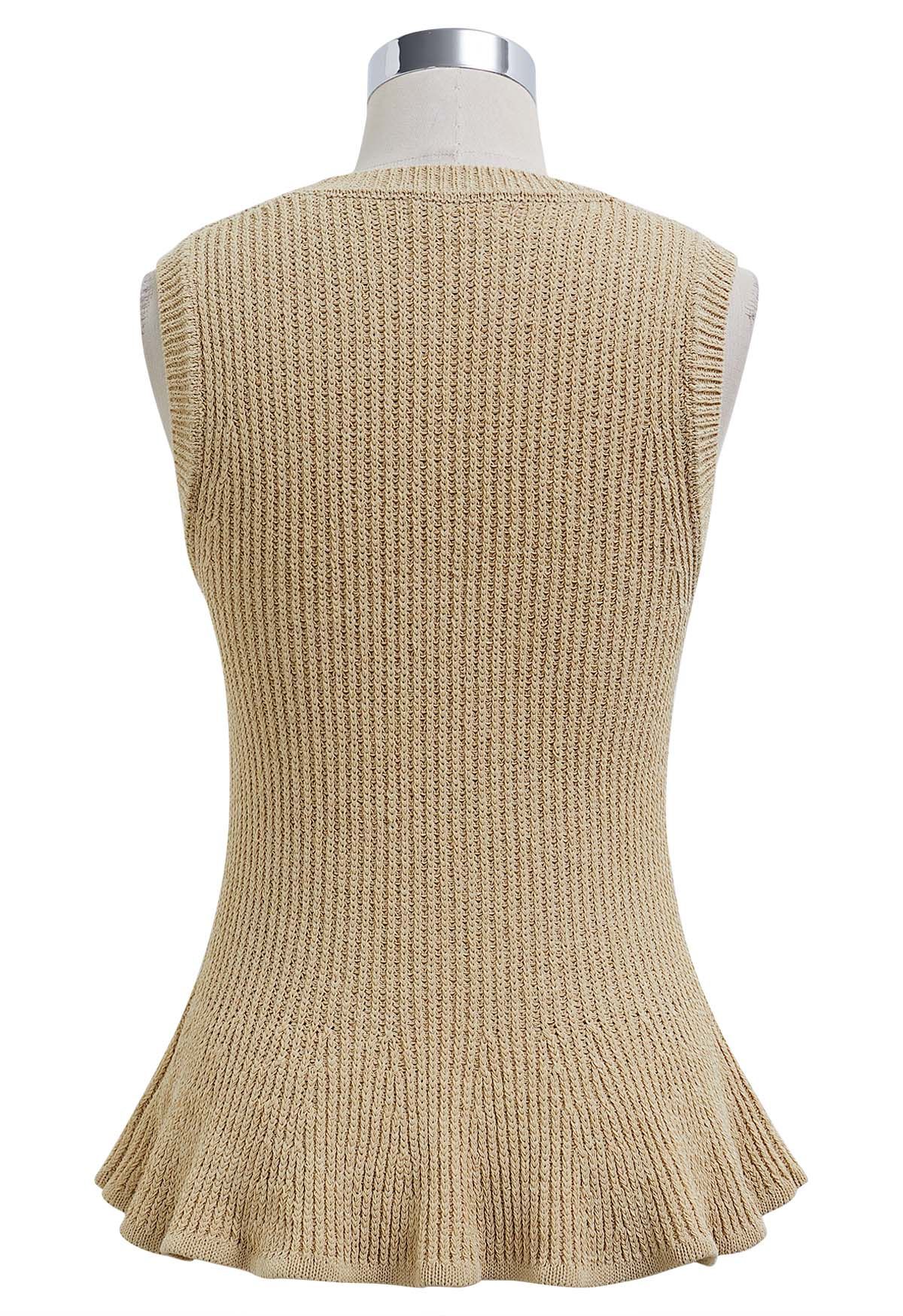 Scoop Neck Ruffle Hem Sleeveless Knit Top in Light Tan