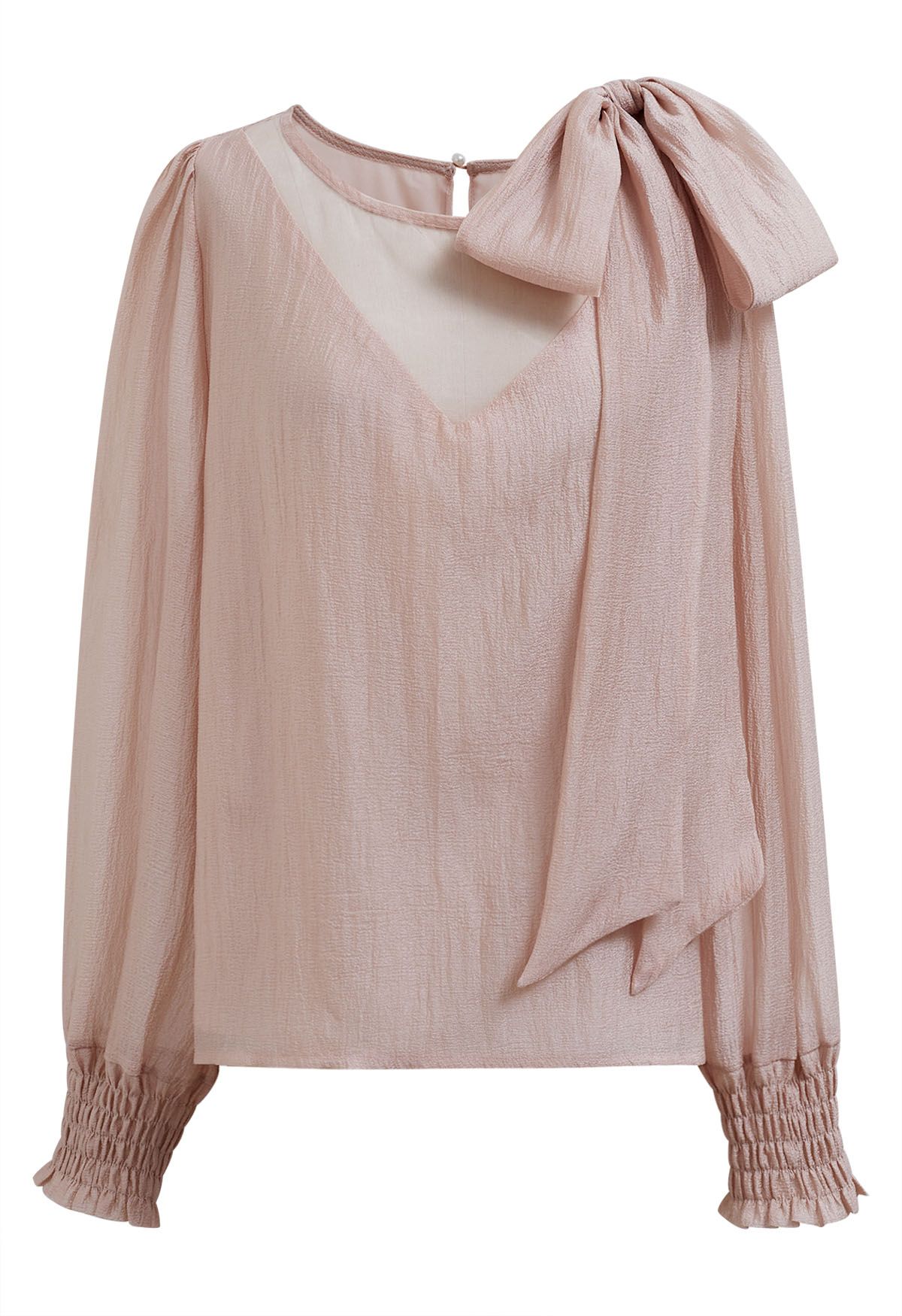 Self-Tie Side Bowknot Sheer Top in Pink