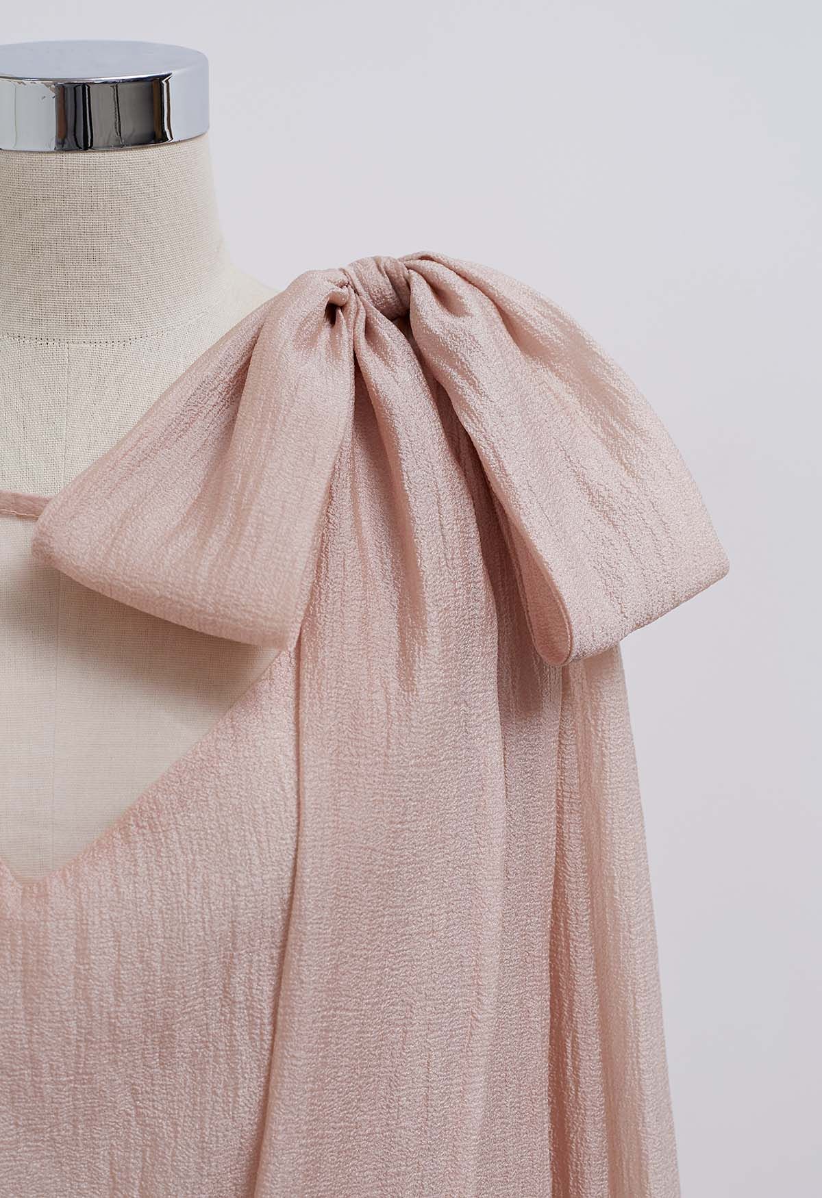 Self-Tie Side Bowknot Sheer Top in Pink