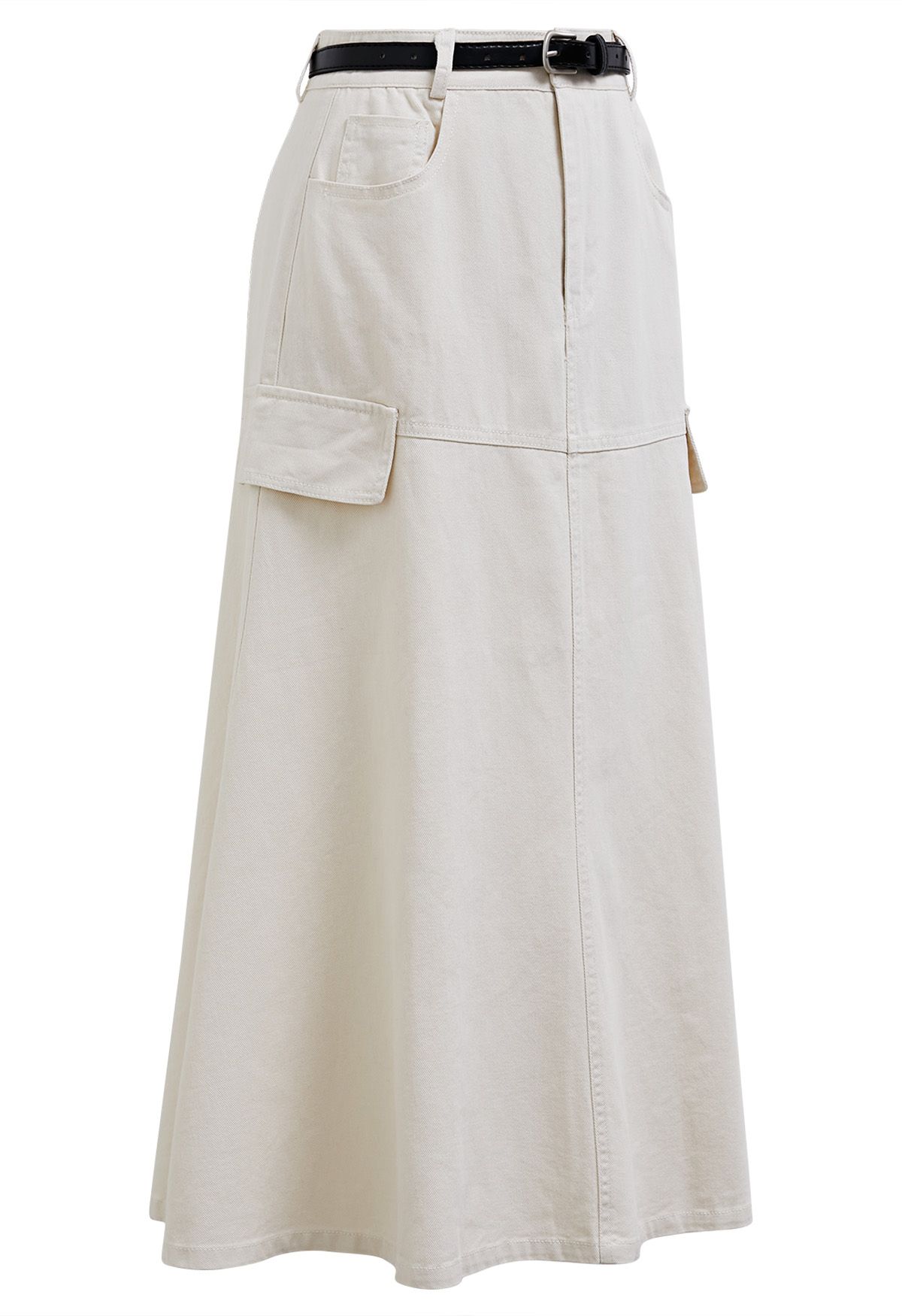 Pocket Trim Belted Denim Flare Skirt in Ivory