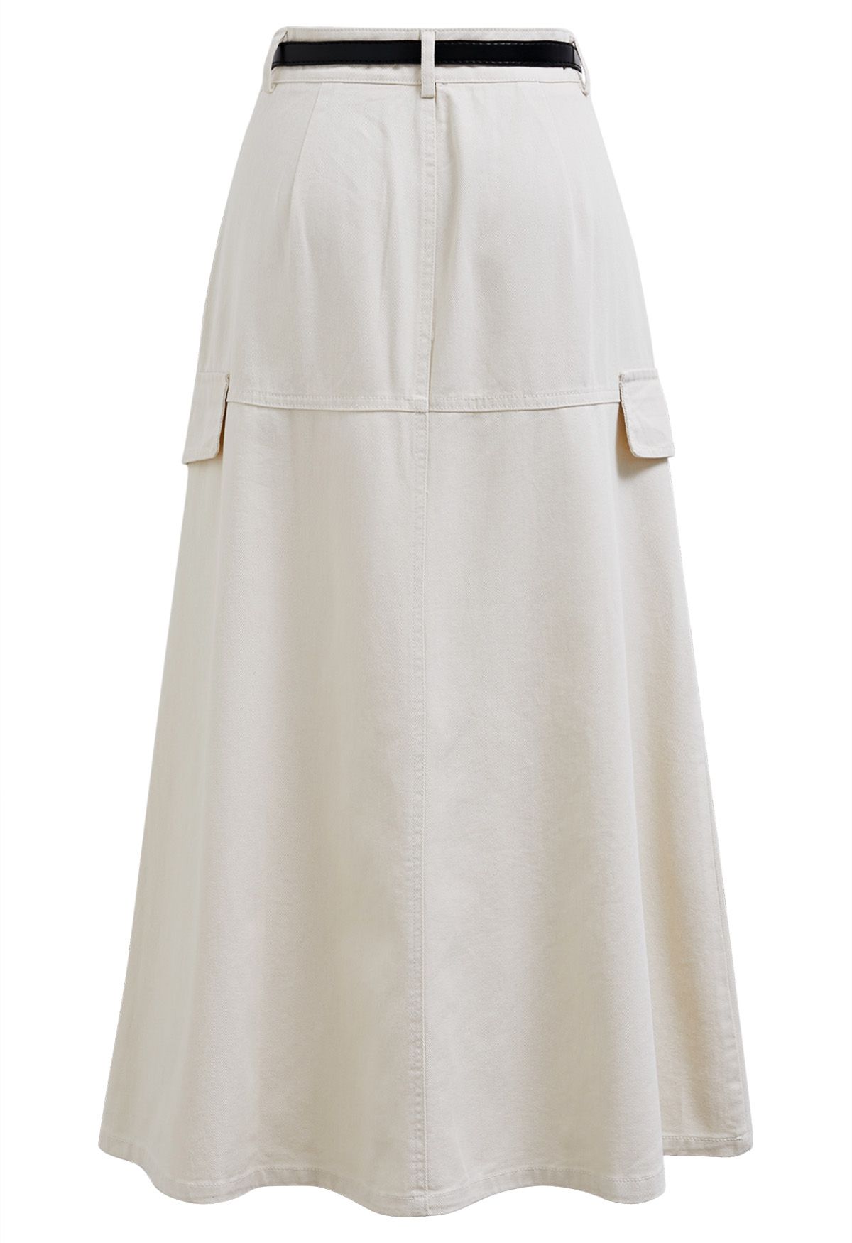 Pocket Trim Belted Denim Flare Skirt in Ivory