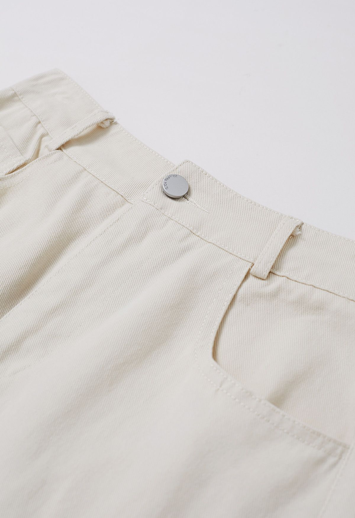 Pocket Trim Belted Denim Flare Skirt in Ivory